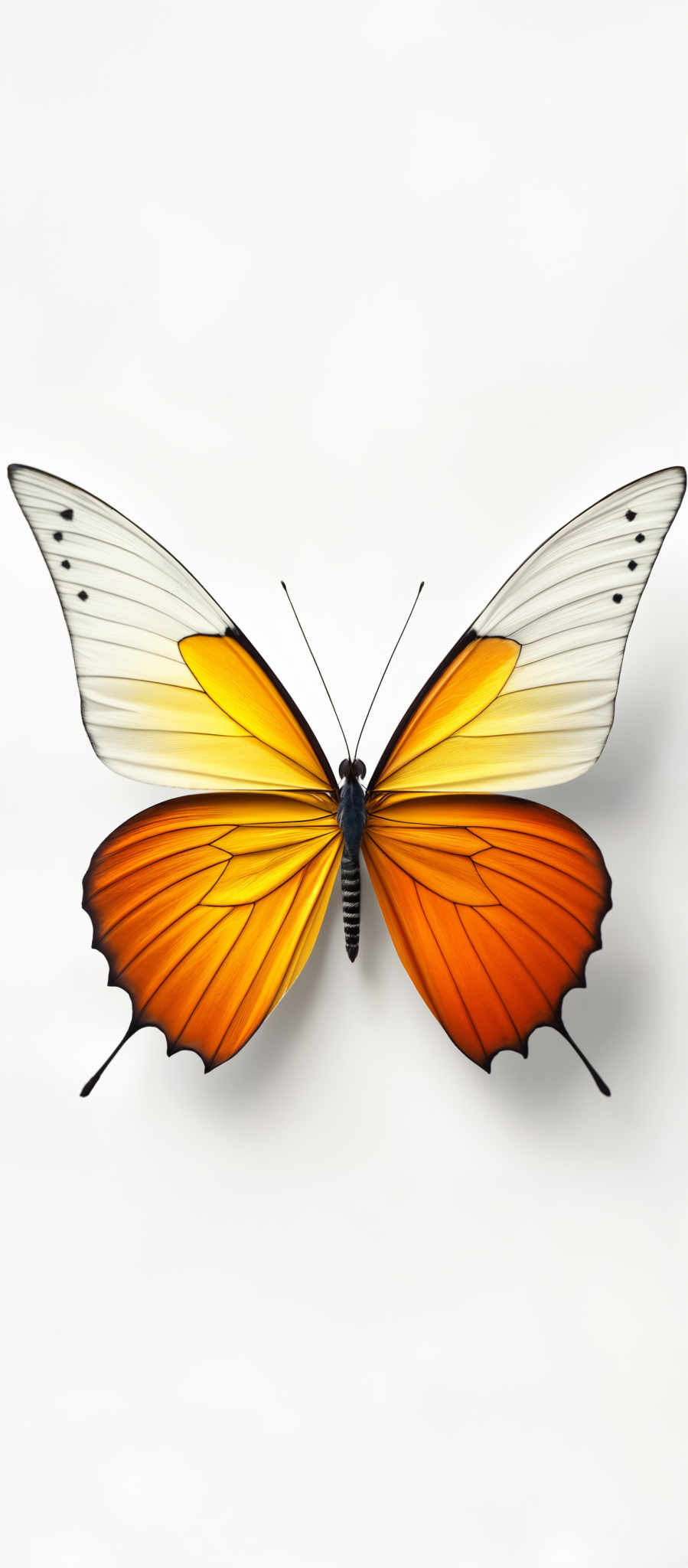 The image showcases a butterfly with vibrant colors. The wings are predominantly white with black borders and small black spots. The butterfy's body is black, and it has long antennae. The most striking feature of the butterly is its orange wings, which have a gradient effect transitioning from a darker shade at the edges to a lighter shade towards the center.