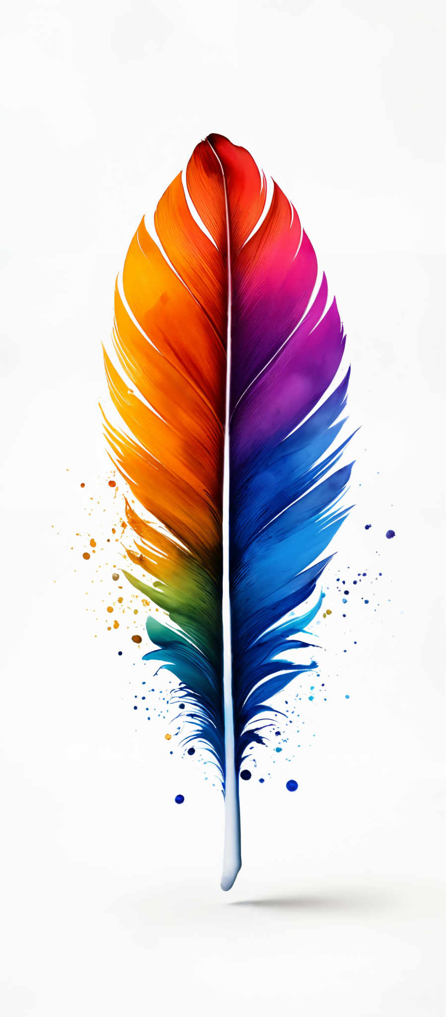 The image showcases a vibrant feather-like structure. The feather is elongated and has a symmetrical shape. It is painted with a gradient of colors, transitioning from a bright orange at the top to a deep blue at the bottom. The colors are vivid and appear to be splashed or dripped, giving the feather a dynamic and artistic appearance.