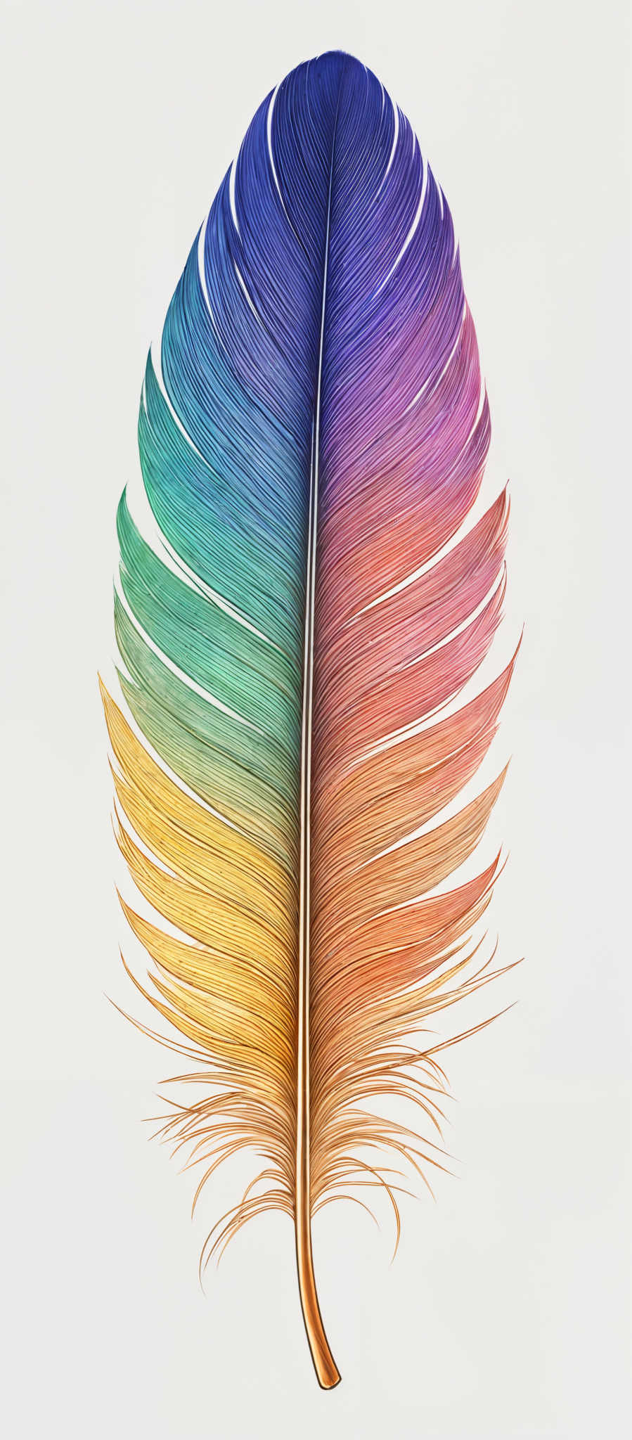 The image showcases a feather with a gradient of colors ranging from deep blue at the top to vibrant orange at the bottom. The feather is elongated and has a symmetrical shape, with intricate details of the feather's structure visible, including the fine lines and the delicate fringes at the tip.