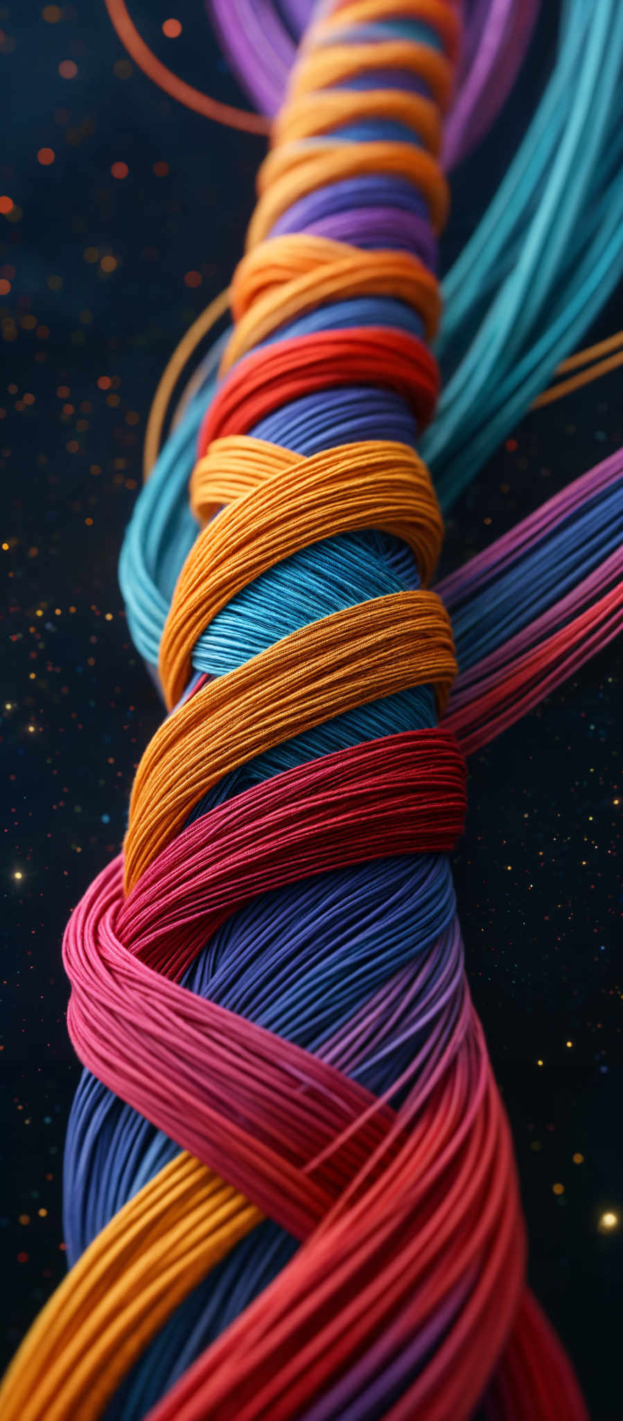 The image showcases a series of intertwined, colorful threads or wires. These threads are in a variety of vibrant colors including red, blue, orange, purple, and yellow. They are wound together in a spiral formation, creating a visually striking and dynamic composition. The background is dark, with specks of light, giving the impression of a starry night or a cosmic setting.