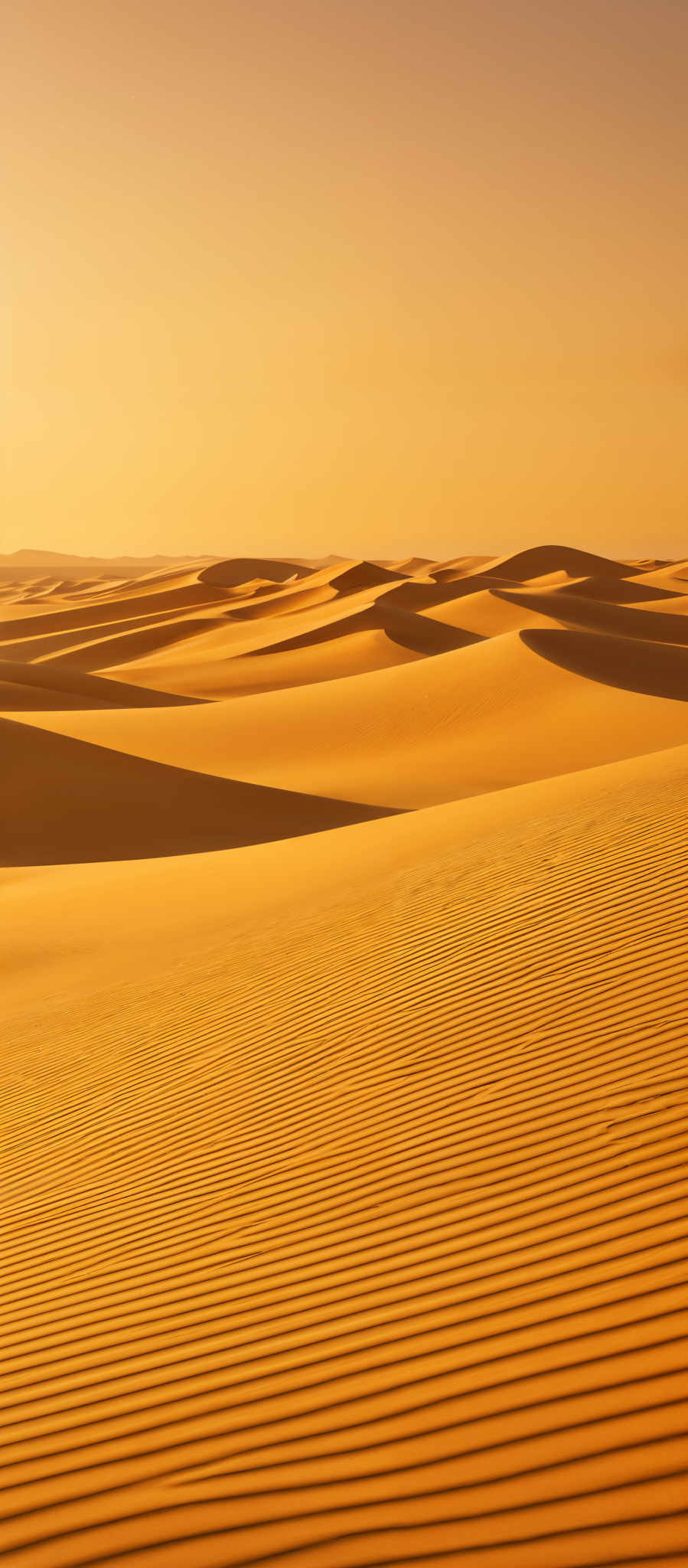 The image showcases a vast desert landscape with rolling sand dunes. The dominant color is a warm golden-yellow, indicative of the sunlit sand. The dunes have a smooth, undulating shape, with patterns created by the wind. The foreground features a series of ridges, while the background reveals a series more distant dunes, fading into the horizon. The sky above is clear, allowing the sun's light to cast a soft glow over the entire scene.