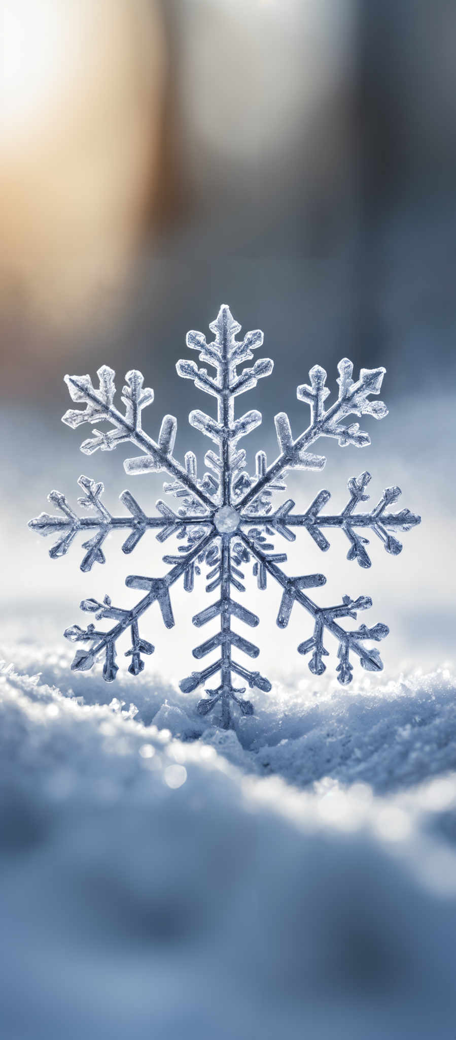 The image showcases a beautiful snowflake with intricate details. It is set against a blurred background of what appears to be a sunlit winter scene. The snowflare is predominantly white with a hint of blue, reflecting the coldness of the snow. Its shape is symmetrical with multiple pointed arms radiating outwards, each ending in a sharp tip. The center of the flake has a darker hue, possibly indicating a shadow or the centerpiece of the design.