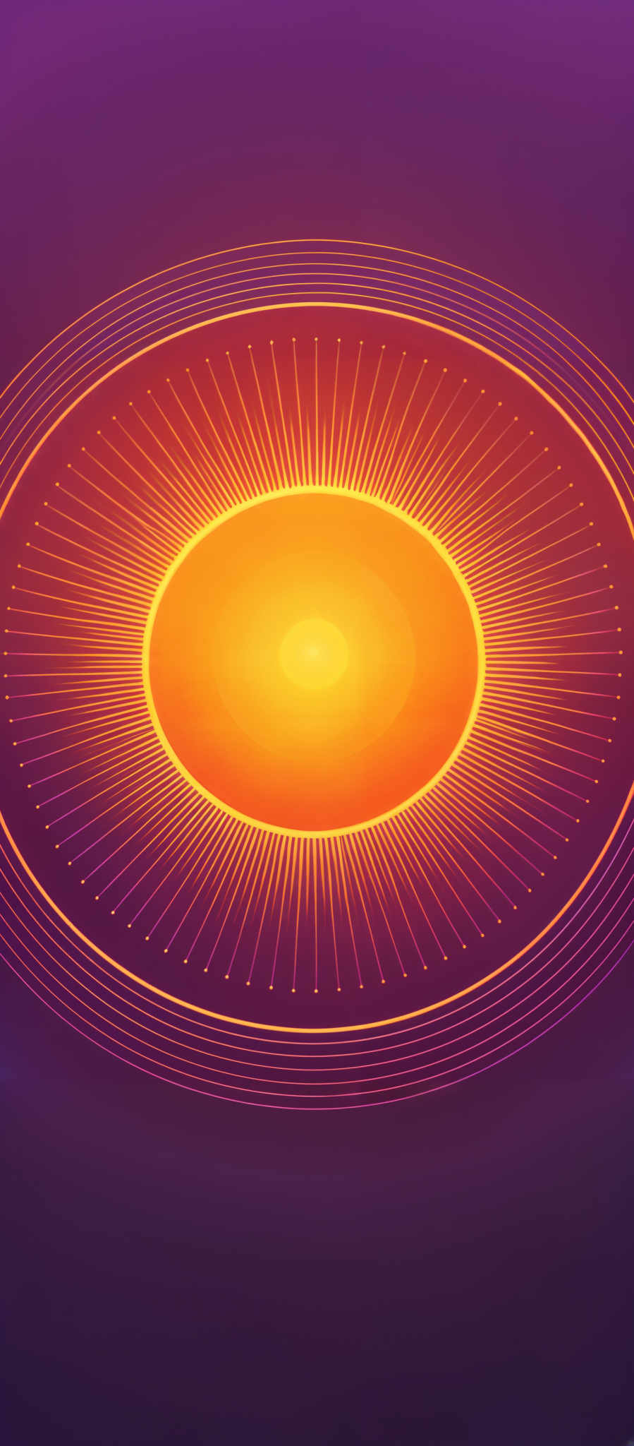 The image showcases a vibrant and radiant circular pattern. The dominant colors are shades of purple and orange. The center of the circle is a bright, glowing orange, radiating outward with thin, linear rays that resemble sun rays. These rays are evenly spaced and emanate from the center, creating concentric circles. The background is a deep purple, which contrasts beautifully with the bright orange of the center.