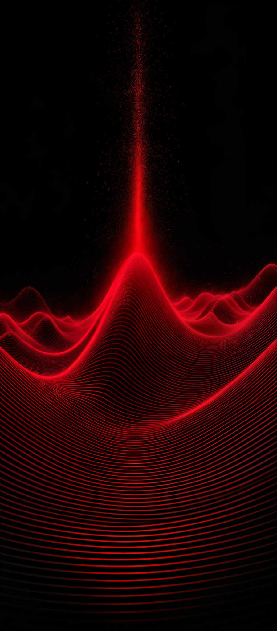 The image predominantly features a dark background with a striking red, almost neon-like, waveform that curves and undulates across the foreground. The waveform is composed of layered lines that create a sense of depth and movement. Above the waveform, there's a vertical streak of red light that seems to emanate from a point, giving an impression of energy or a burst. The overall color palette is dominated by deep blacks and vibrant reds, creating a contrast that draws the viewer's attention to the waveforms.