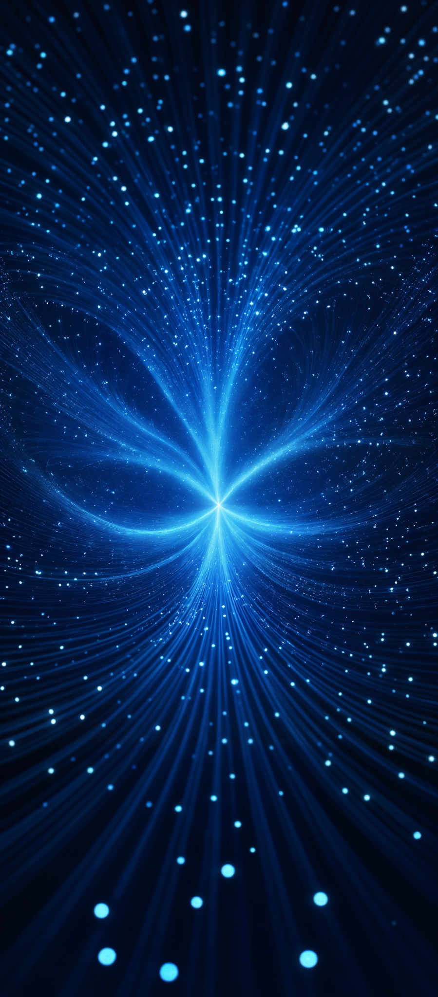 The image showcases a vibrant blue background with radiant lines emanating outwards. These lines converge at a central point, creating an effect similar to a burst or explosion. The background is dotted with small, luminous blue dots, adding depth and dimension to the scene. The overall impression is one of energy, movement, and cosmic beauty.