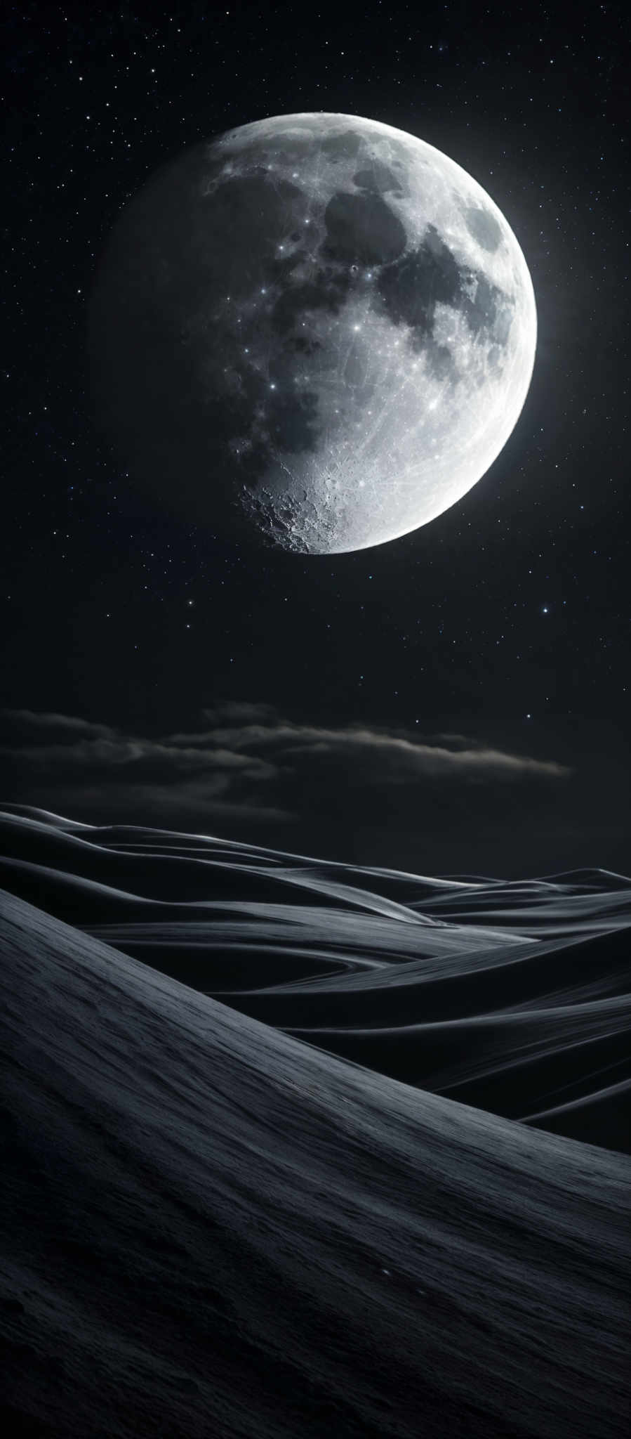 The image showcases a night sky dominated by a large, luminous moon. The moon displays a myriad of craters and has a silvery-white hue. The sky is sprinkled with numerous stars, creating a dotted pattern. Below the moon, there's a serene landscape of undulating, snow-covered hills. The snow appears to be glistening under the moonlight, reflecting the celestial light. The overall color palette is cool, with shades of blue, white, and black dominating the scene.