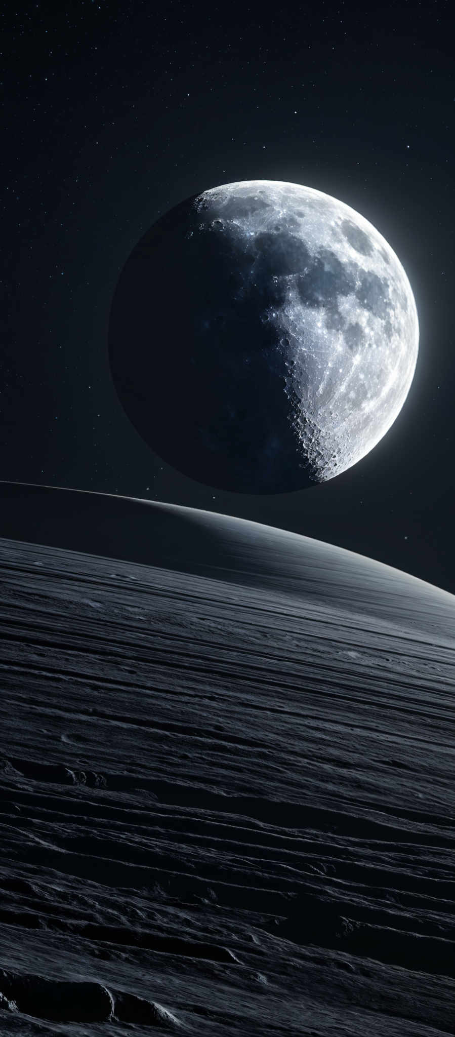 The image showcases a celestial scene with a large, detailed moon in the foreground. The moon displays a myriad of shades, from deep blues to bright whites, highlighting its craters and surface details. In the background, a vast expanse of space is filled with countless stars, creating a serene and mesmerizing backdrop. The horizon of the moon's surface is marked by a gentle slope, and the texture of the lunar terrain is evident with ridges and grooves.