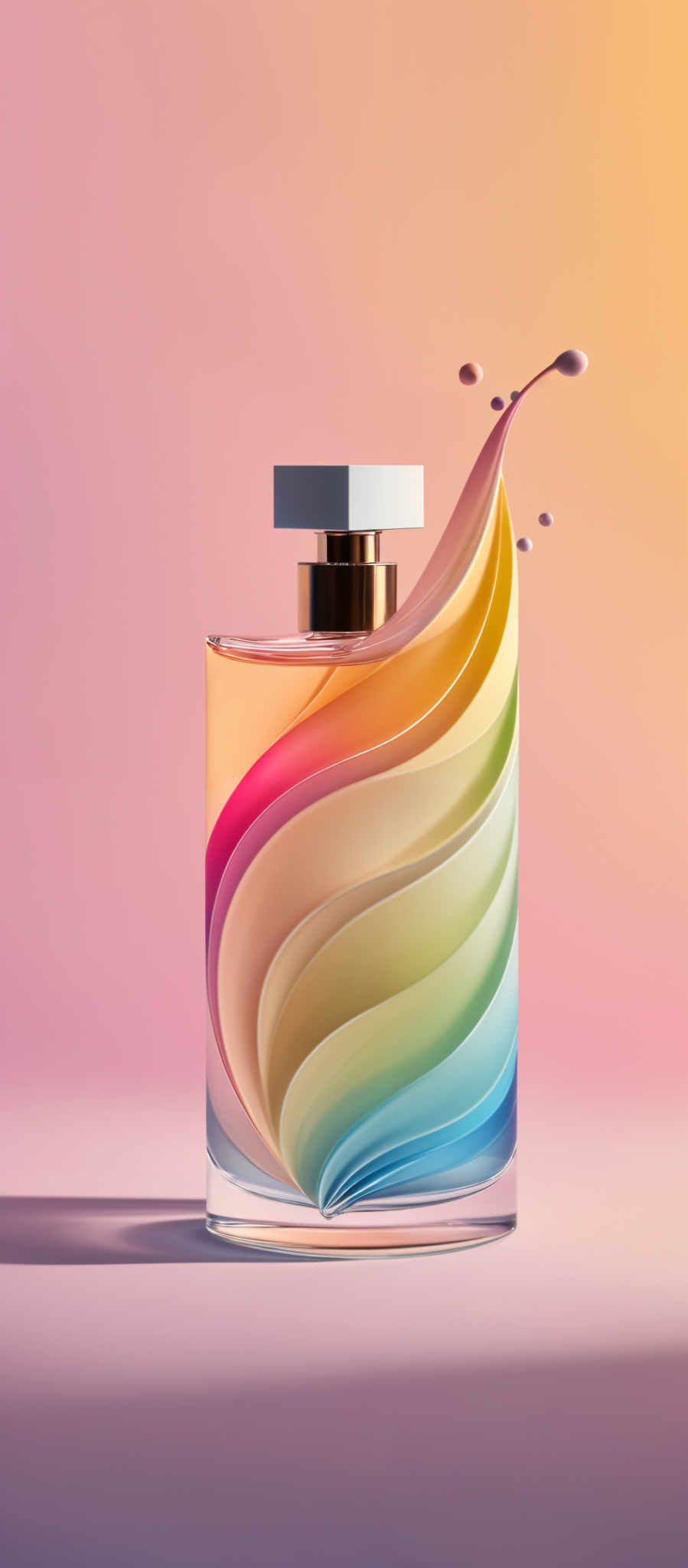 The image showcases a perfume bottle with a unique design. The bottle is cylindrical with a square-shaped cap. The most striking feature is the swirling, multi-colored pattern on the bottle, transitioning from a deep pink at the top to a light blue at the bottom. The colors appear to be fluidly merging, creating an effect similar to a splash of paint. The background is a gradient of pink and orange, which complements the colors of the bottleneck.