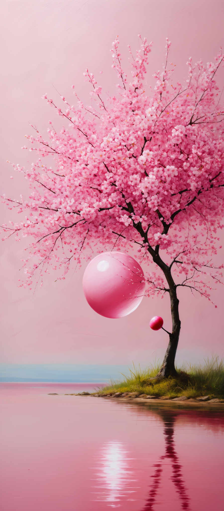 The image showcases a serene landscape dominated by a large tree with pink blossoms. The tree stands on a small piece of land that extends into a calm body of water. The sky is painted in soft shades of pink and blue, and there's a large, reflective orb or sphere near the tree, possibly representing the sun or moon. The reflection of the tree and the orb can be seen in the water below.