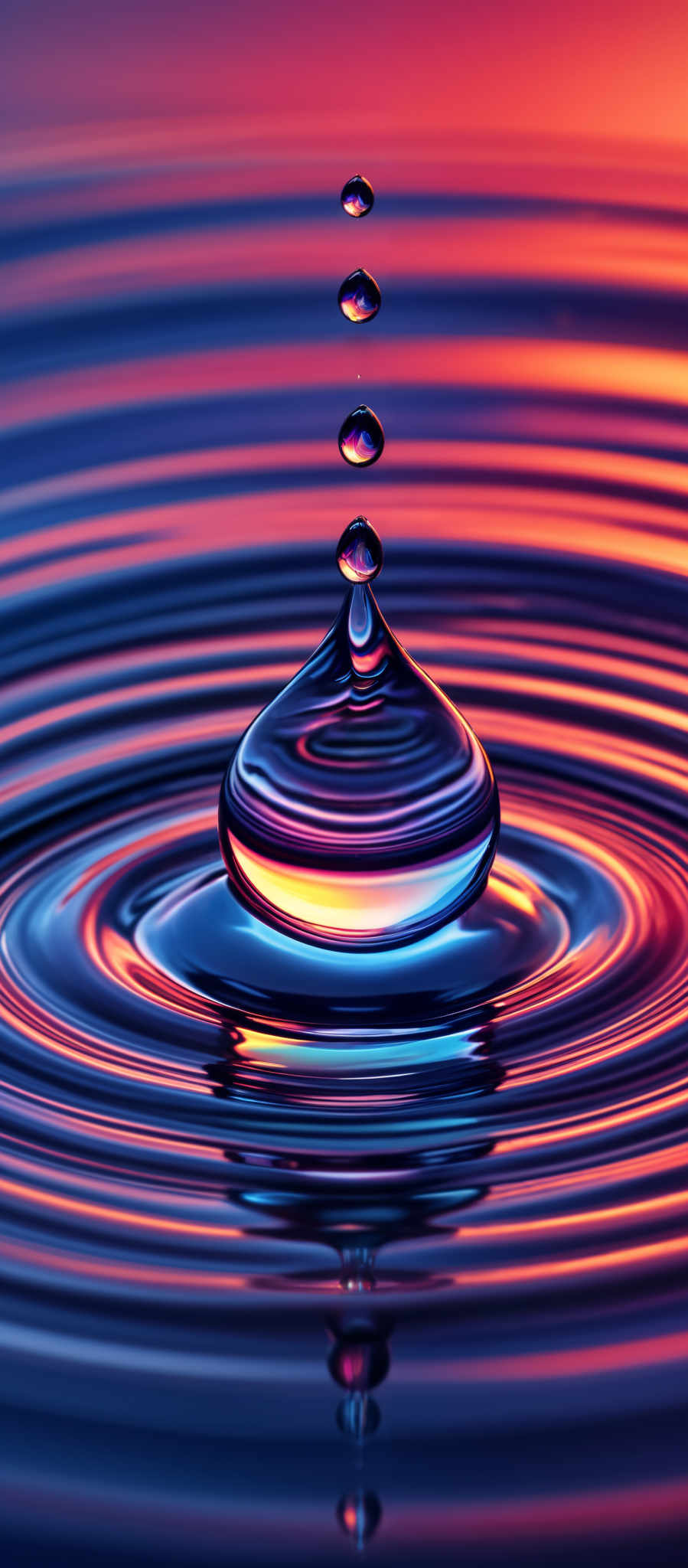 The image showcases a vibrant and colorful scene of a water droplet. The droplets are captured in a high-speed photograph, capturing the moment they impact the water surface. The main droplett is elongated and has a smooth, rounded shape. As it descends, smaller droplelets are seen suspended in mid-air, each reflecting the surrounding colors. The water surface below displays concentric ripples, radiating outwards from the point of impact. The colors are rich and varied, with hues of blue, purple, orange, and red, creating a mesmerizing effect.