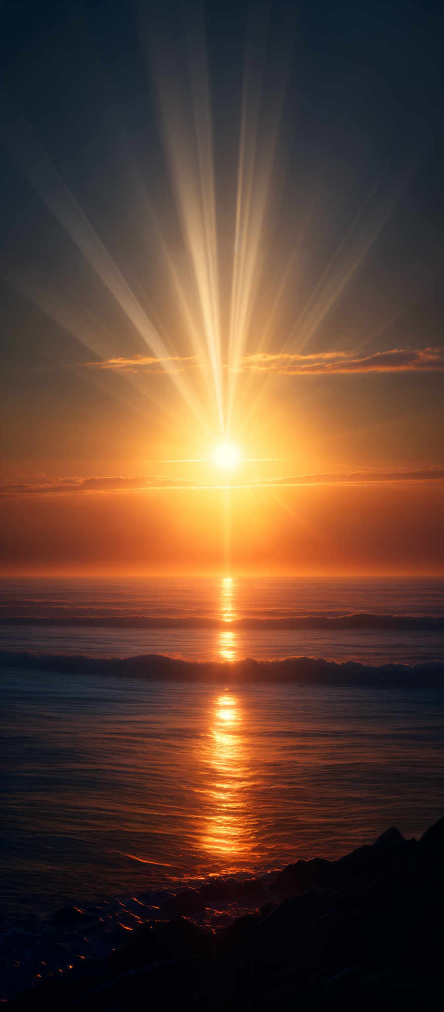 The image showcases a breathtaking sunset over a calm sea. The sun is positioned near the horizon, casting a brilliant golden hue across the sky. The sky transitions from a deep blue at the top to a warm orange near the sun. The radiant beams of sunlight pierce the sky, creating a dramatic effect. The sea reflects the sun's glow, creating shimmering patterns on its surface. In the foreground, there are dark rocks or formations, silhouetted against the bright backdrop.