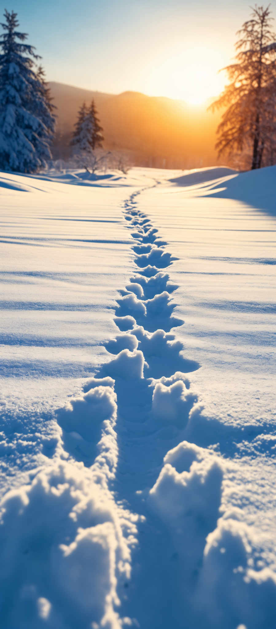 The image showcases a breathtaking winter landscape during sunset. The dominant colors are shades of blue, white, and gold. The snow-covered ground is blanketed with a thick layer of pristine white snow, with a series of footprints leading the viewer's eye into the distance. The sun casts a warm golden hue, illuminating the snow and creating a beautiful contrast with the cooler tones. In the background, there are snow-clad trees, silhouetted against the setting sun, and distant mountains. The sky is clear, allowing the sun to shine brightly, and the overall ambiance is serene and tranquil.