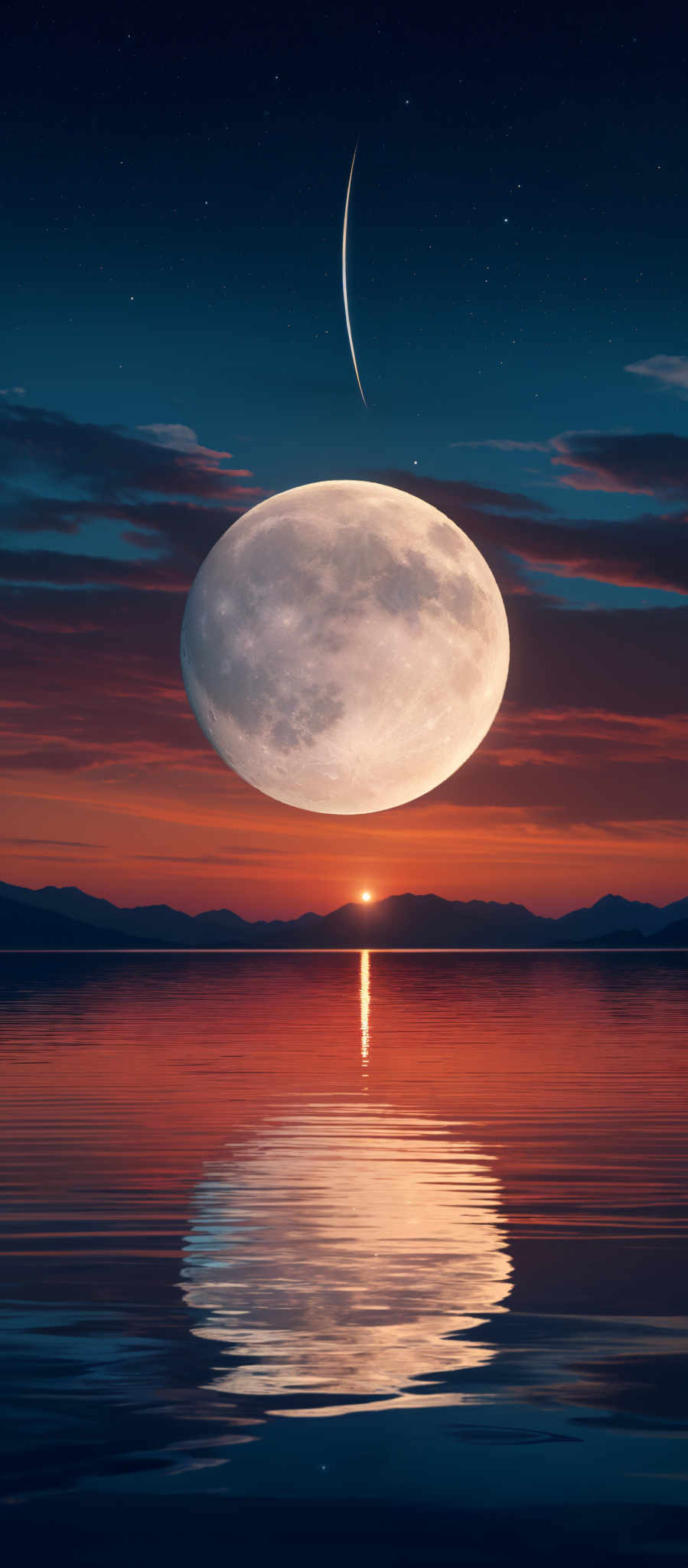 The image showcases a breathtaking scene of a serene landscape during what appears to be either dawn or dusk. Dominating the sky is a large, nearly full moon, which casts a soft glow over the scene below. To the right of the moon, there's a slender, bright comet streaking across the dark expanse of space. The horizon reveals a tranquil body of water reflecting the colors of the sky, with hues of deep blue transitioning to fiery orange and red near the horizon. Silhouetted against this backdrop are distant mountains, and the calm water surface has subtle ripples, possibly caused by a gentle breeze.