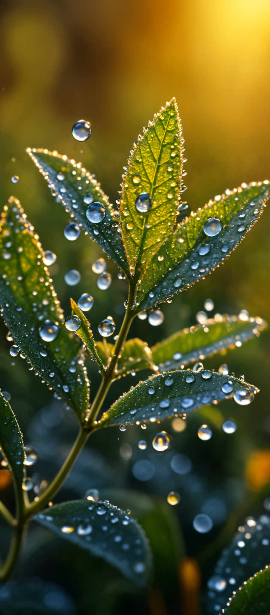 The image showcases a close-up view of green leaves covered in dew. The leaves are elongated and have a serrated edge. The dew droplets are translucent and vary in size, with some larger droplet forming a nearly spherical shape. The background is blurred, emphasizing the leaves and dew, and is illuminated by a warm, golden light, possibly from the sun.