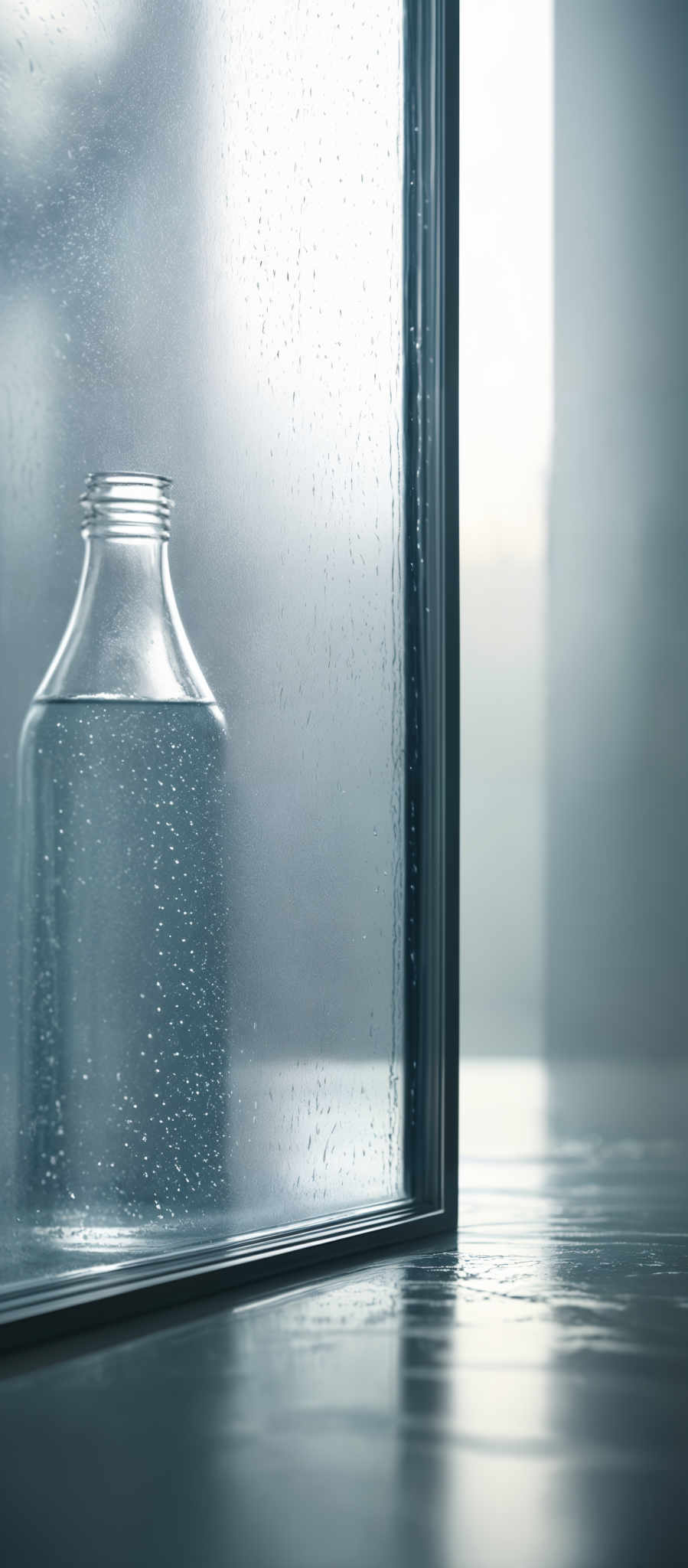 The image showcases a clear glass bottle filled with water, placed against a large window. The window has condensation droplets on it, indicating that it might be cold outside or the room has high humidity. The light from the window casts a soft glow, illuminating the bottle and creating a serene ambiance. The bottle is cylindrical in shape with a narrow neck and a wide base. The reflection of the bottles and the window can be seen on the wet floor below.