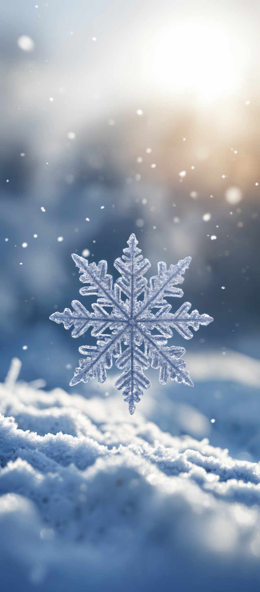 The image showcases a snowflake with intricate details. It is set against a blurred background of snow and falling snowflocks. The snowflare itself is translucent with a hexagonal shape, displaying a symmetrical pattern with sharp, pointed edges. The surface of the snowflaw appears to be covered in tiny crystals, reflecting light and giving it a shimmering appearance.