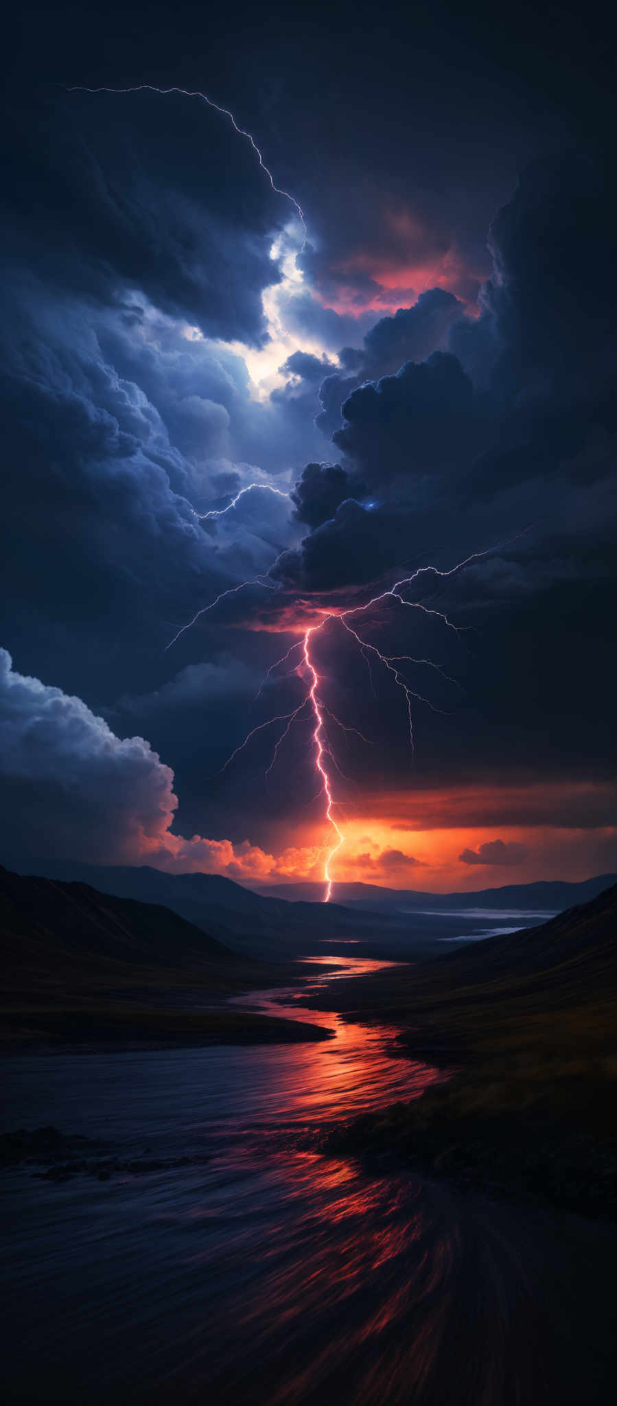 The image showcases a dramatic and intense landscape scene. The sky is dominated by dark, ominous clouds, with a vibrant mix of blues, grays, and hints of orange and pink, possibly indicating a sunset or sunrise. A powerful lightning bolt, bright and white, cuts through the clouds, striking down towards the ground. The ground below is a serene body of water, reflecting the fiery colors of the sky. On either side of the water, there are rolling hills or mountains, covered in what appears to be grass or low vegetation. The overall mood of the image is one of awe and nature's raw power.