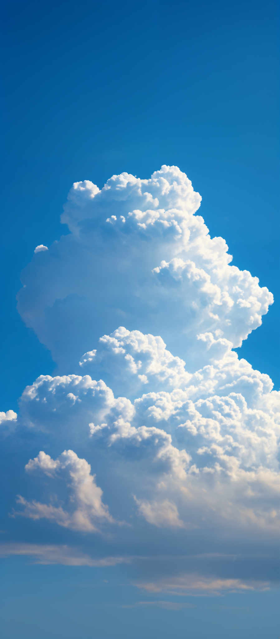 The image showcases a vast expanse of blue sky with a prominent cloud formation. The clouds are white and fluffy, with varying densities and shapes. They appear to be cumulus clouds, which are often associated with fair weather but can grow into larger storm clouds. The sky is clear with no visible clouds, and the horizon is faintly visible at the bottom of the image, suggesting a vast and open landscape.