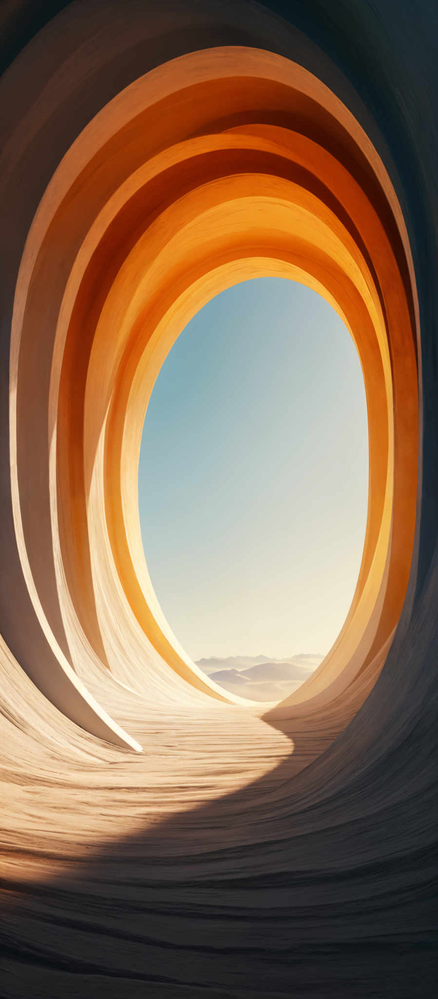 The image showcases a series of intertwined, elongated arches that appear to be made of a smooth, textured material. The arches are painted in gradient shades of orange, transitioning from a deep, burnt orange at the base to a lighter, more vibrant hue at the top. The background reveals a vast, open landscape with a clear blue sky and distant mountains. The sun casts a warm glow, illuminating the arches and creating a play of shadows on the ground.