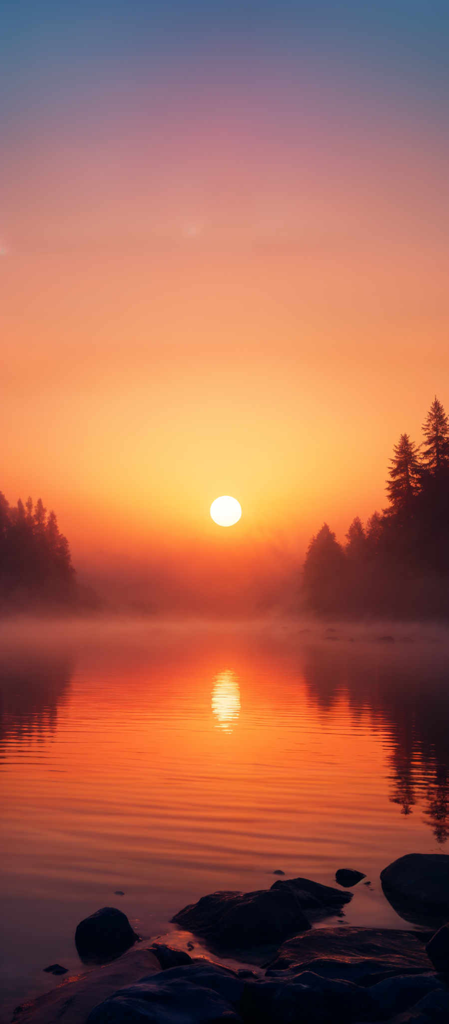 The image showcases a breathtaking sunset over a calm body of water. The sky is painted with hues of orange, pink, and purple, transitioning smoothly from the horizon upwards. The sun, a bright orb, is positioned near the center of the image, casting a golden reflection on the water. In the foreground, there are dark, smooth rocks protruding from the water, and a few trees can be seen in the distance, partially obscured by a layer of mist or fog.