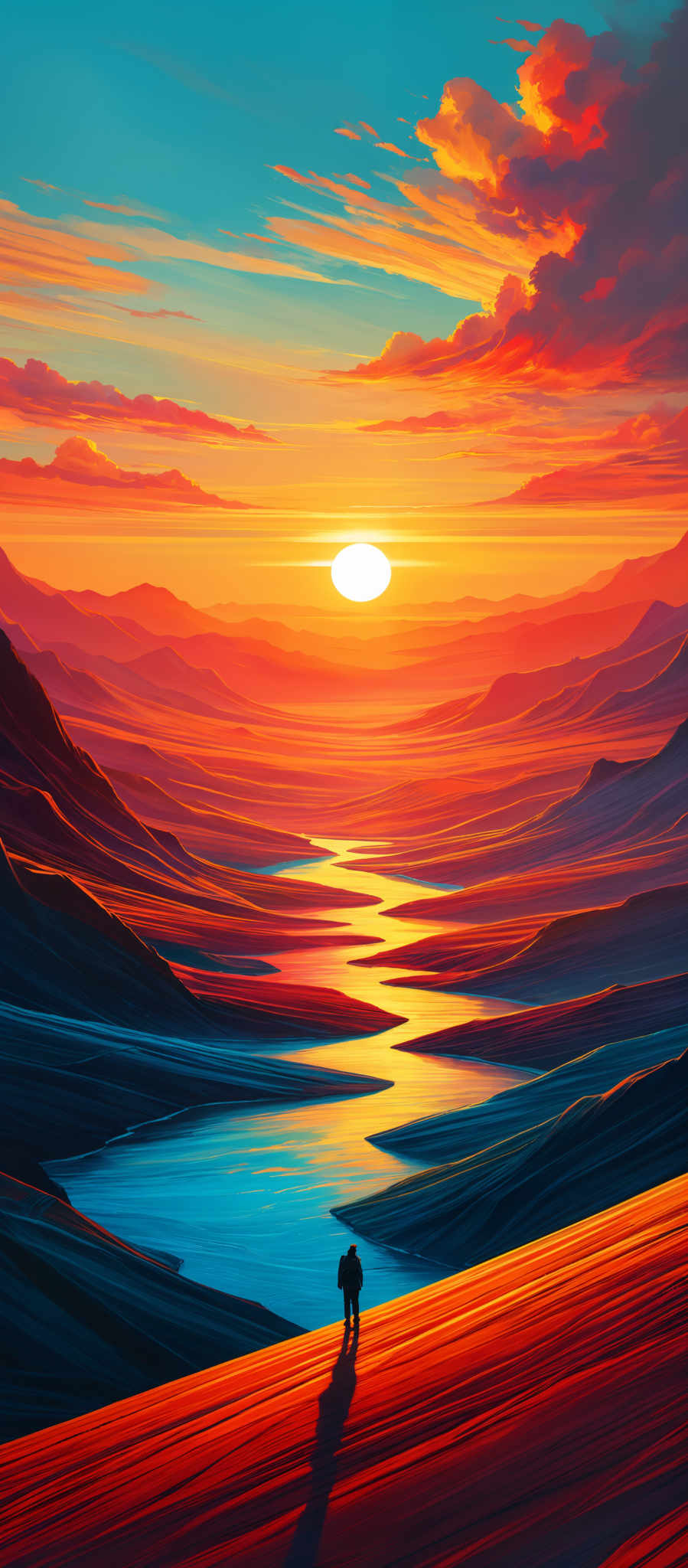 The image showcases a breathtaking landscape during sunset. The sky is painted with hues of orange, yellow, and blue, with the sun setting in the center. The sun casts a golden reflection on the winding river below, creating a stark contrast with the darker mountains and valleys. The mountains have varying shades of blue and purple, with some appearing closer and others fading into the distance. The river reflects the colors of the sky, creating an almost mirror-like effect. In the foreground, there's a silhouette of a person standing on a hill, looking out at the vast expanse, adding a sense of scale and contemplation to the scene.