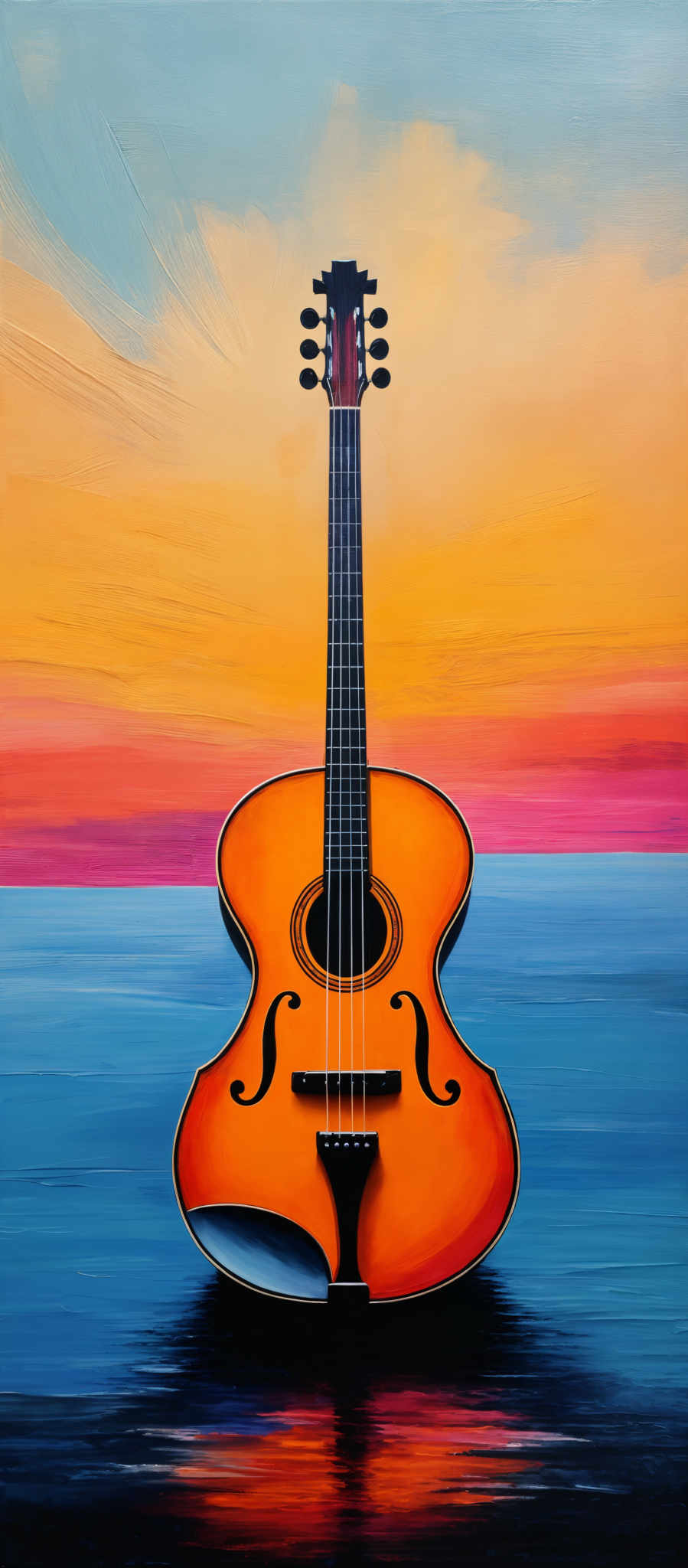 The image showcases a vibrant and colorful scene. The sky is painted with hues of blue, orange, and pink, suggesting either a sunrise or sunset. The horizon divides the sky and a serene body of water, which reflects the colors of the sky. Dominating the foreground is a classical guitar, rendered in a rich orange hue. The guitar's body is elongated and curves slightly, and it stands on a reflective surface, possibly water. The headstock of the guitar is black with tuning pegs, and the strings are visible. The overall ambiance of the image is tranquil and musical.