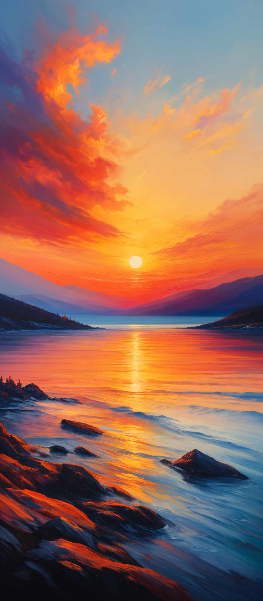 The image showcases a breathtaking sunset over a serene body of water. The sky is painted with a myriad of colors, ranging from deep blues to fiery oranges and reds. The sun, positioned near the horizon, emanates a radiant golden glow that reflects upon the water, creating a shimmering pathway. In the foreground, there are dark, jagged rocks emerging from the water. These rocks are illuminated by the sun's reflection, giving them a warm, orange hue. The water itself is calm, with gentle waves lapping against the rocks. In distant background, there's a silhouette of a landmass or island.