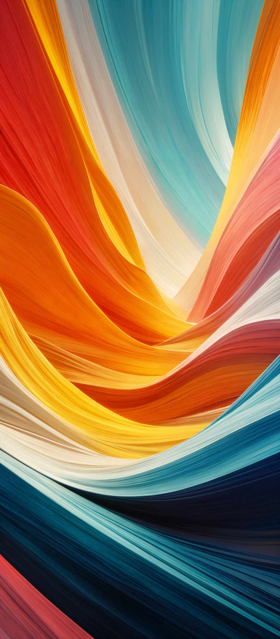 The image showcases a vibrant and dynamic abstract pattern. It features a myriad of colors, including deep blues, fiery oranges, and soft yellows, all blending seamlessly into one another. The shapes are fluid and wavy, resembling flowing water or swirling smoke. The overall effect is both mesmerizing and visually captivating, evoking a sense of movement and energy.