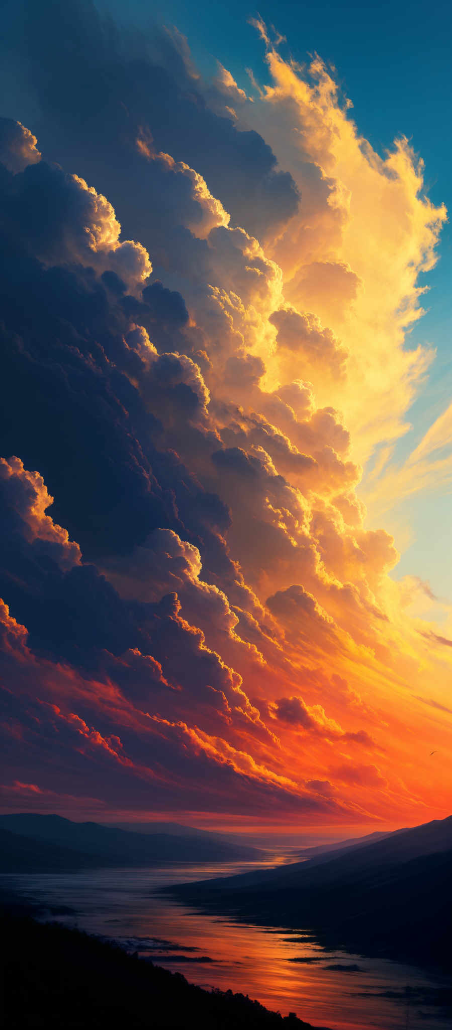 The image showcases a breathtaking landscape during sunset or sunrise. The sky is dominated by a vast array of clouds, ranging from deep blues to fiery oranges and reds. The clouds are intricately detailed, with some appearing as fluffy cumulus formations and others taking on a more dramatic, billowing appearance. The sun casts a golden hue on the clouds, creating a stark contrast with the darker portions of the sky. Below, there's a serene body of water reflecting the fiery colors of the sunset. On the horizon, silhouettes of hills or mountains can be seen, and a solitary bird is seen flying in the distance.