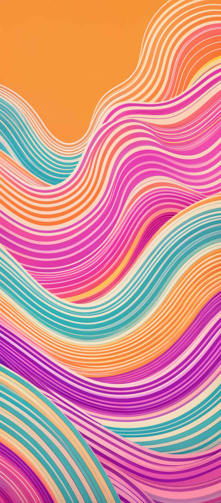 The image showcases a vibrant and colorful abstract design. It features layered, wavy lines in a variety of hues including pink, blue, orange, and purple. The lines intertwine and overlap, creating a rhythmic and flowing pattern. The background is a solid orange color, which contrasts with the multi-colored waves, making them stand out prominently.