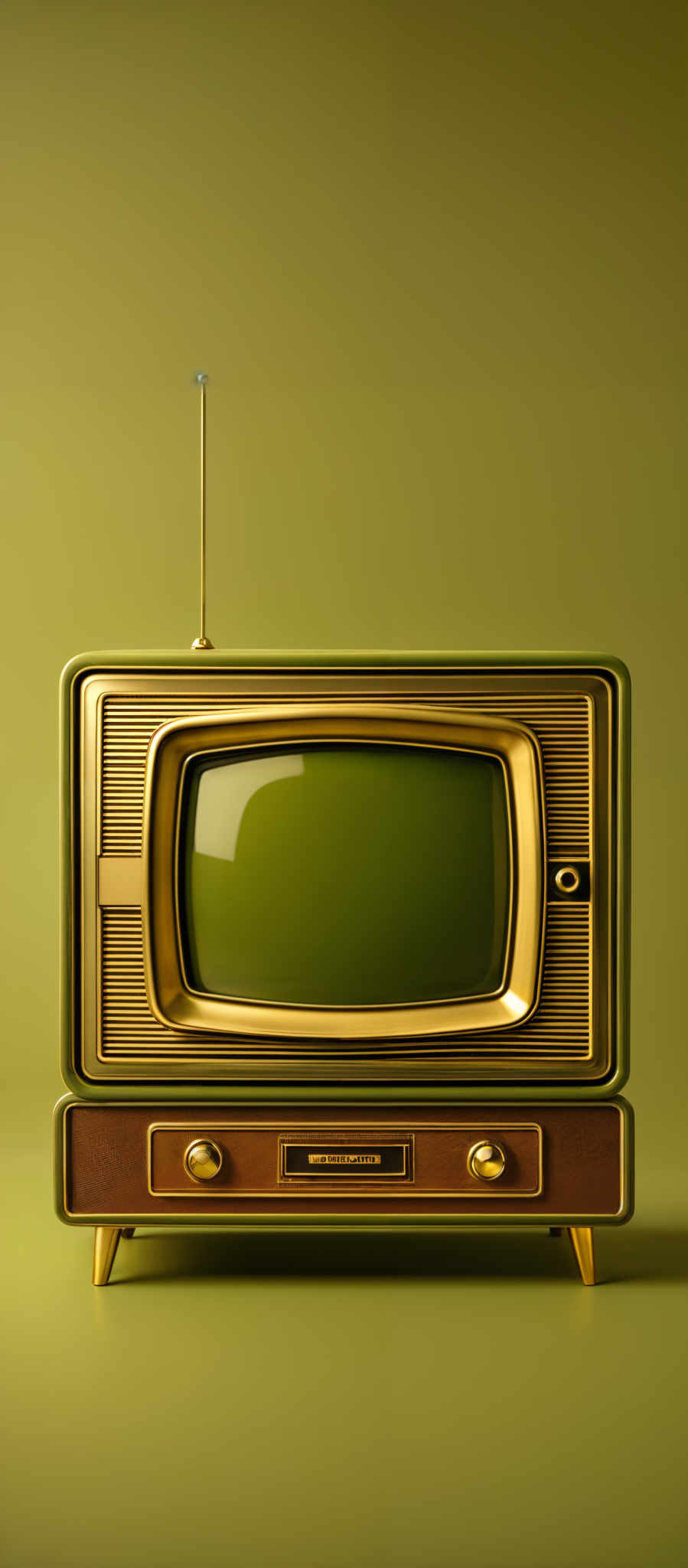 The image showcases a vintage-style television set. The television has a rectangular shape with rounded corners. It is predominantly green and gold in color, with a glossy green screen. The antenna is positioned on the top right corner of the television. Below the screen, there's a wooden base with two circular knobs, one of which has a label reading 'RADIO'. The overall design gives a retro and elegant feel, reminiscent of mid-20th century television sets.