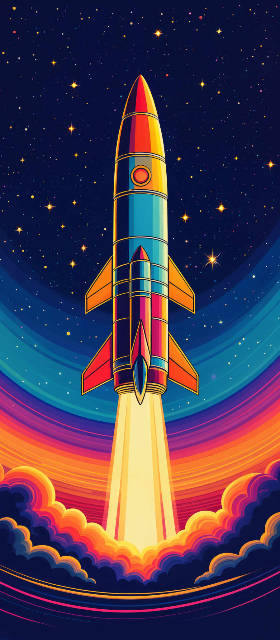 The image showcases a vibrant and colorful depiction of a rocket launching into space. The rocket is elongated and has a multi-colored design, predominantly featuring shades of blue, red, and yellow. It is set against a backdrop of a starry night sky with hues of deep blue transitioning to a fiery orange and red near the horizon. The bottom of the image captures the rocket's thrust, producing a bright white trail that contrasts with the dark space.