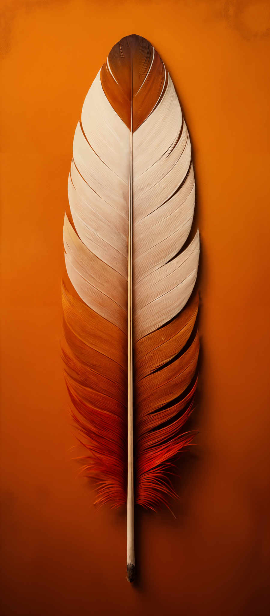 The image showcases a feather with a unique gradient of colors. The feather starts with a light beige or cream color at the base, gradually transitioning to a deeper brown at the tips. The center of the feather has a darker brown shade, almost black. The shape of the feed is elongated and symmetrical, with the vane structure clearly visible. The background is a solid shade of orange, which contrasts with the feathers, making them stand out prominently.