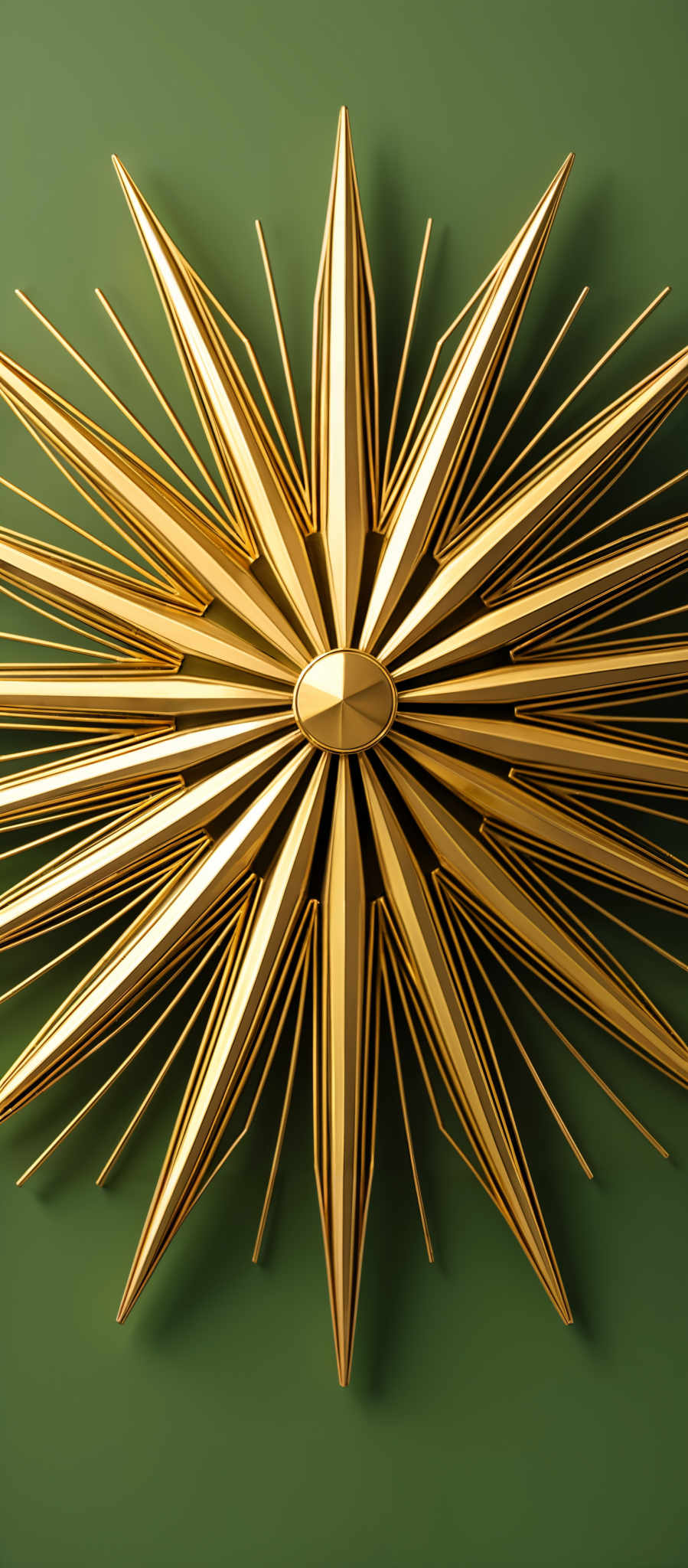 The image showcases a star-like object with a golden hue against a green background. The star has multiple pointed, elongated rays emanating from its center. The rays are uniformly colored in gold, and the overall shape is reminiscent of a sunburst or a sun.