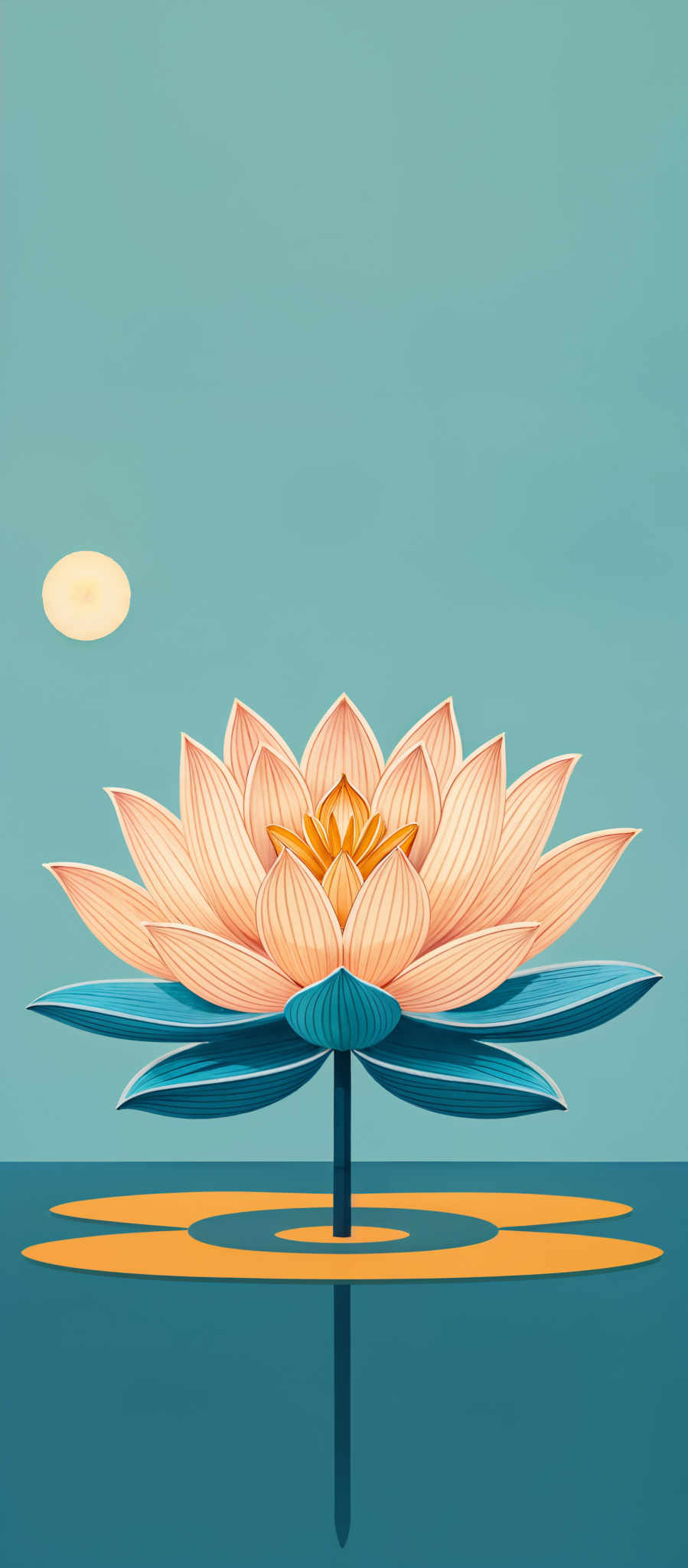 The image showcases a lotus flower with a peach-colored petal structure. The center of the flower is a bright yellow with intricate details. The lotus is surrounded by a serene blue background, and there's a small, round, yellowish object floating above the flower. The flower is positioned on a slender, dark blue stem that emerges from a circular, golden-yellow platform.