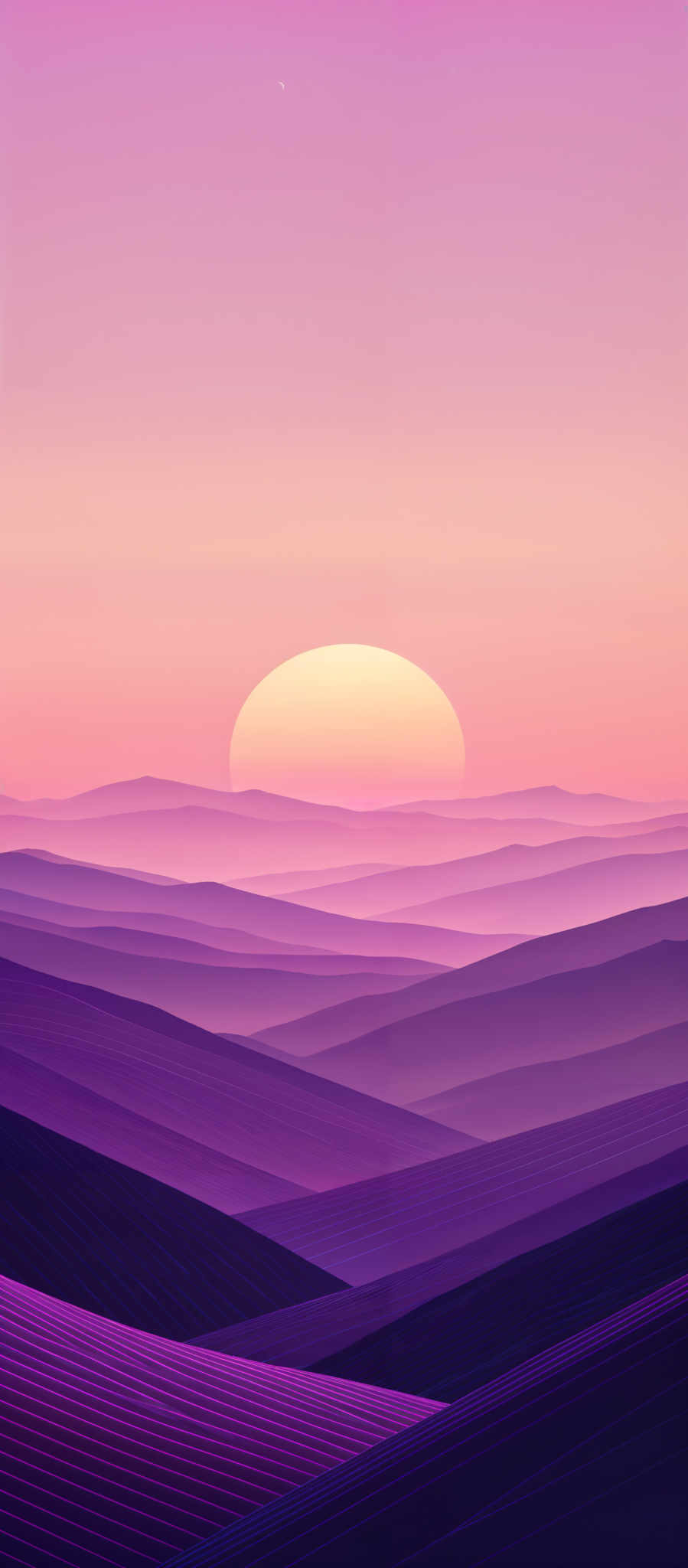 The image showcases a serene landscape during sunset or sunrise. The dominant colors are shades of purple, pink, and orange. The sun is depicted as a large, round, and glowing orb, casting a warm hue over the scene. The landscape consists of rolling hills or mountains, with their contours beautifully highlighted by the gradient of colors in the sky. The hills have a unique pattern, resembling wavy lines or ridges, and they are layered in a way that gives depth to the image, creating an illusion of distance.