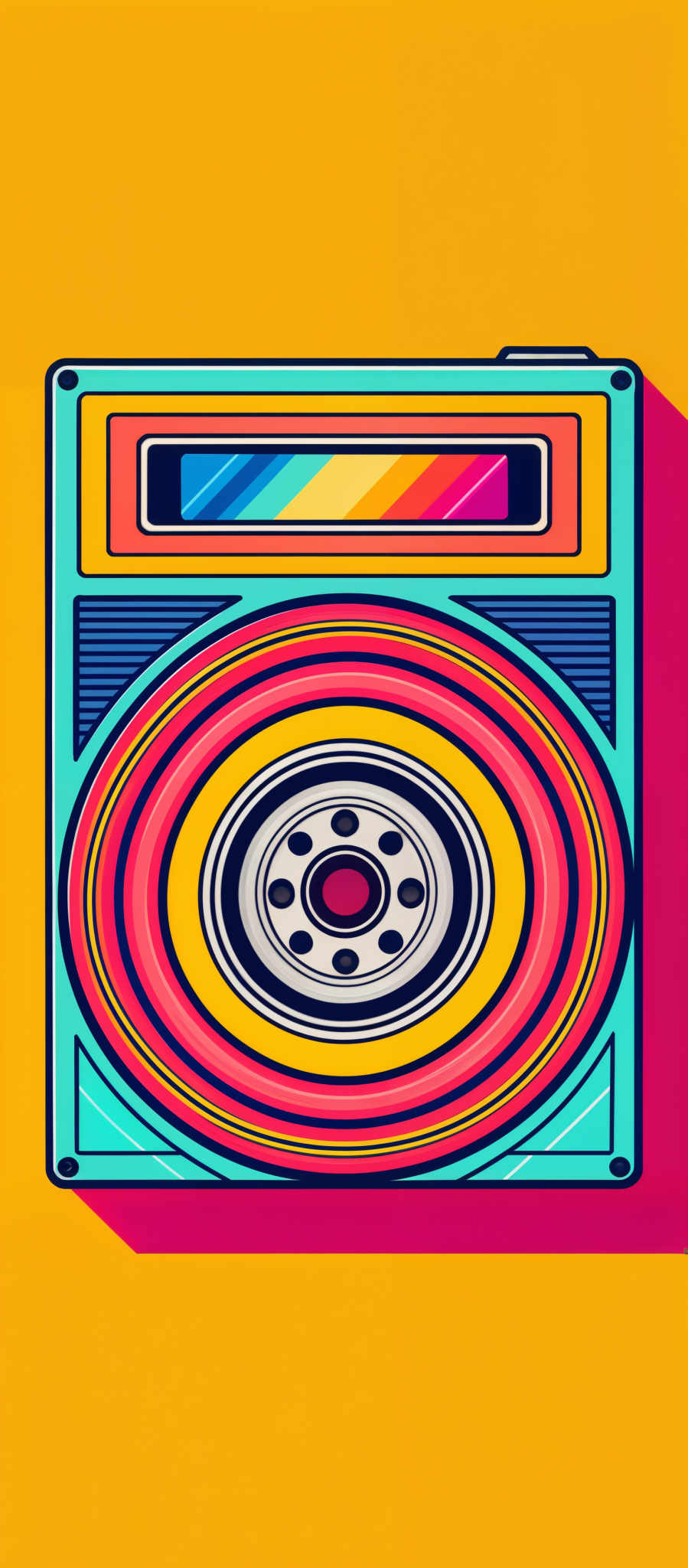 The image showcases a vibrant and colorful representation of a boombox or portable stereo. The boomBox is primarily turquoise with a large circular speaker in the center, featuring concentric circles of colors ranging from pink to yellow. Above the speaker, there's a rectangular section displaying a rainbow-like gradient of colors. The overall design is modern and abstract, with bold lines and a playful color palette.