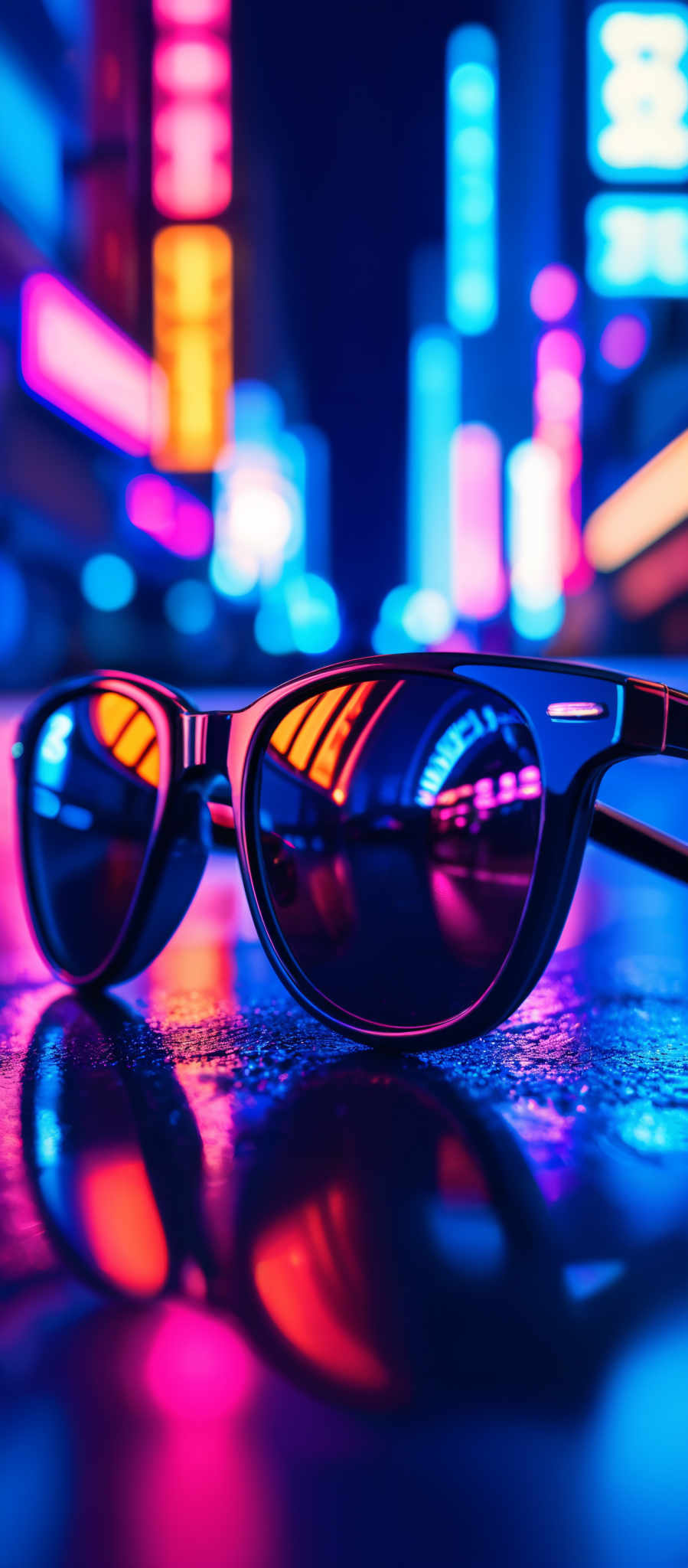 The image showcases a pair of sunglasses placed on a reflective surface. The sunggles have a sleek design with a black frame. The lenses of the sungglasses are tinted in a vibrant shade of orange, and they reflect a neon-lit urban scene. The background consists of colorful neon lights in various shades of blue, pink, and orange, creating a vivid and futuristic ambiance.