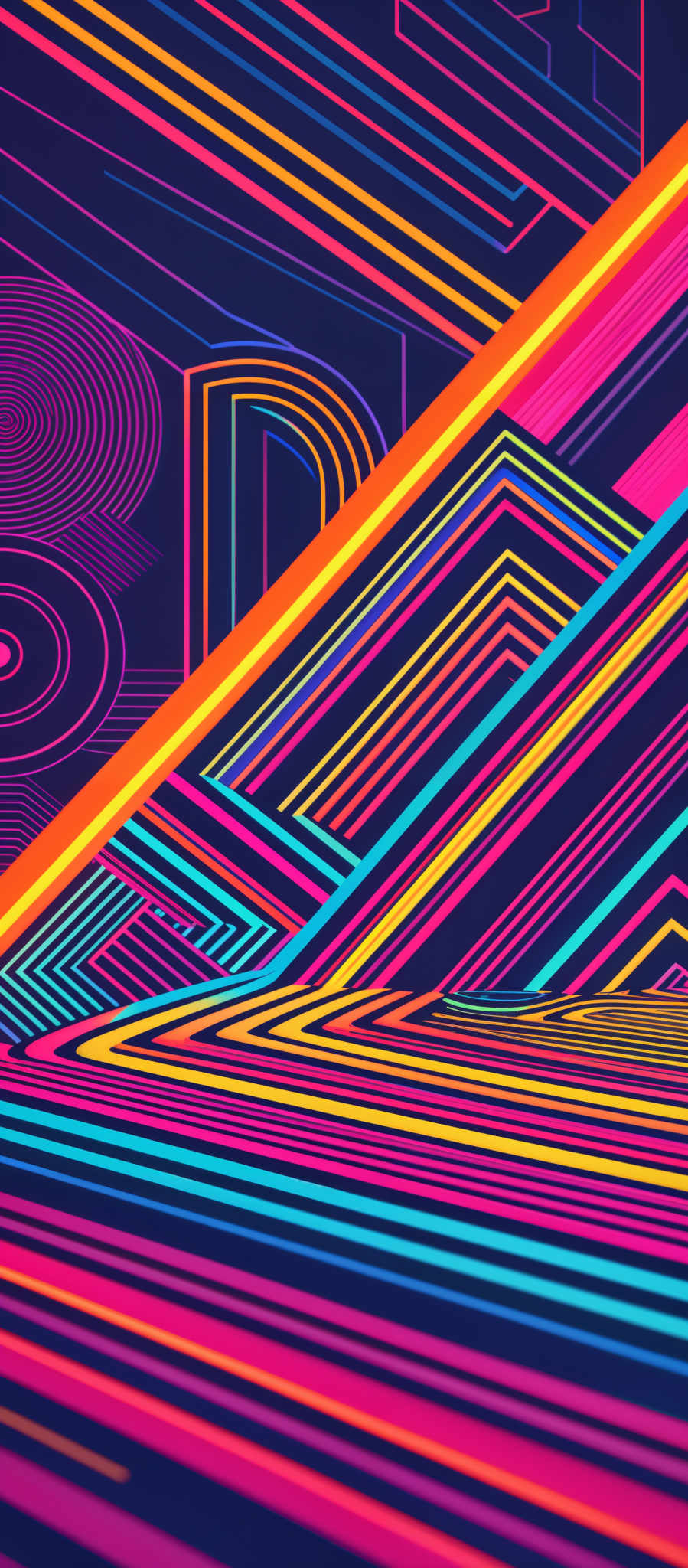 The image showcases a vibrant and colorful abstract design. It predominantly features a series of intertwined lines and shapes in a myriad of colors such as pink, blue, yellow, and orange. The shapes are geometric in nature, with a mix of curves and straight lines. The design appears to be a digital artwork, with sharp contrasts between the bright neon colors and the dark background.