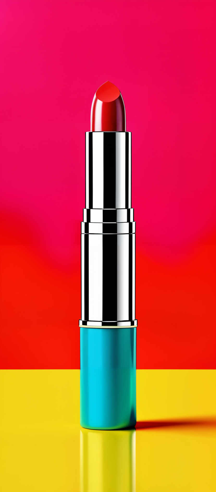 The image showcases a lipstick against a vibrant backdrop. The lipsticks color is a deep red, and it's placed vertically with its cap on top. The background consists of a gradient of colors transitioning from a bright pink at the top to a fiery orange at the bottom. The base of the lipstic is encased in a turquoise cylindrical container.