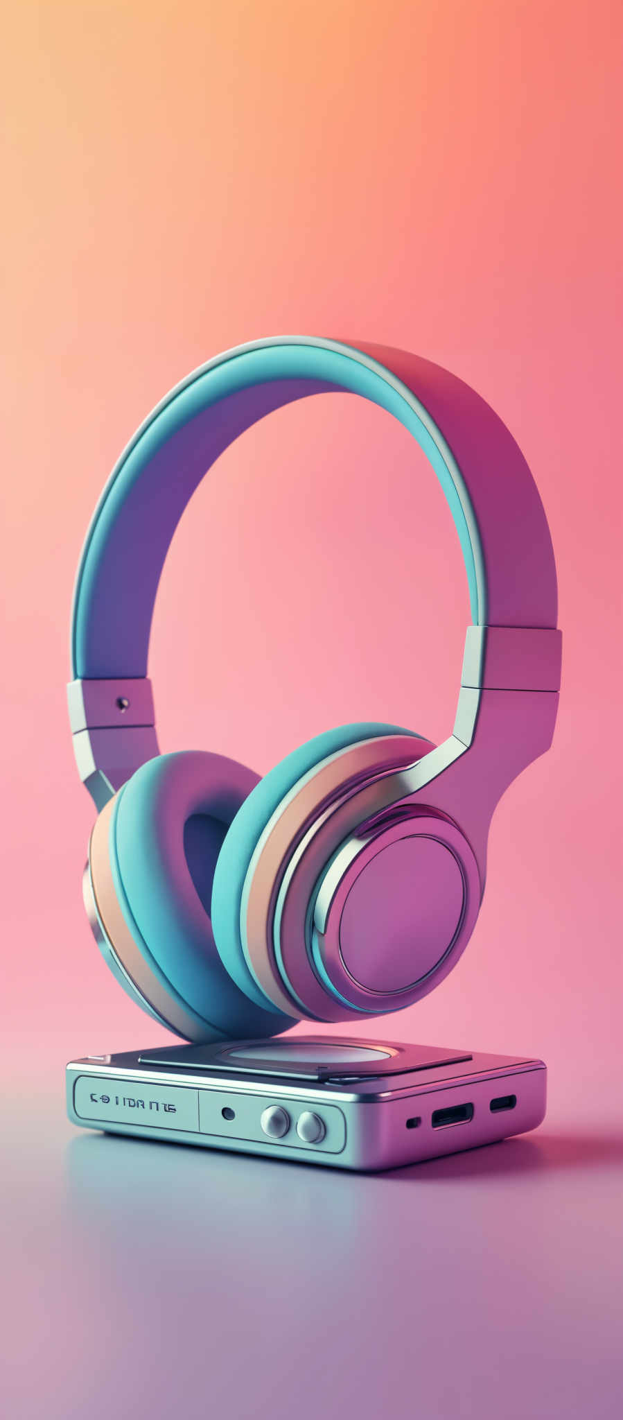 The image showcases a pair of headphones with a vibrant color palette. The headphone's outer shell is a gradient of blue, transitioning to a peach or light orange hue towards the top. The ear cups are a soft blue, and the circular part of the headphONE, possibly the speaker or microphone, is silver with a reflective surface. Below the headphone, there's a device that appears to be a music player or a portable audio system. It's silver with some buttons and a display screen. The background is a soft gradient of pink and orange, creating a warm and futuristic ambiance.