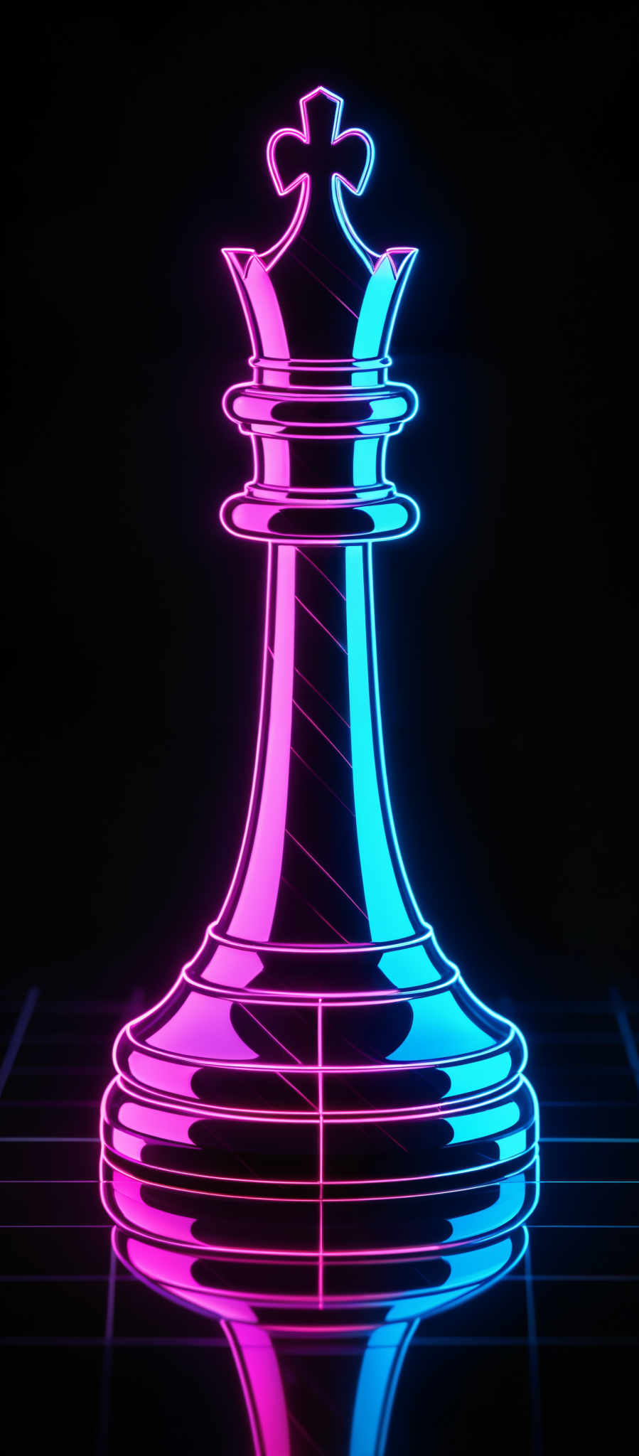 The image showcases a digital representation of a chess piece, specifically a rook. It is illuminated with vibrant neon colors, predominantly pink and blue, against a dark background. The rook is depicted in a three-dimensional style, with intricate details highlighting its layered structure. The piece is set on a reflective surface, creating a mirrored image below it.