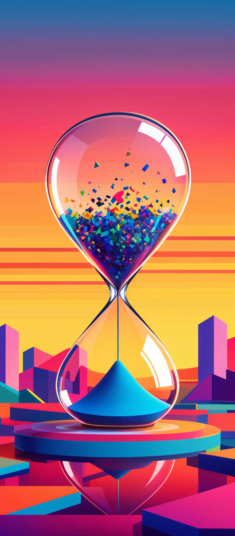 The image showcases a vibrant and colorful digital artwork. The dominant colors are shades of pink, orange, and blue. The main subject is a large, clear glass hourglass filled with multicolored confetti. The confetti inside the hourglass is a mix of various shapes and sizes, predominantly triangles. The hourglass stands on a circular platform, and its reflection can be seen in the water below. The background features a cityscape with tall buildings, and the sky is painted in hues of pinks and oranges, suggesting either a sunrise or sunset.