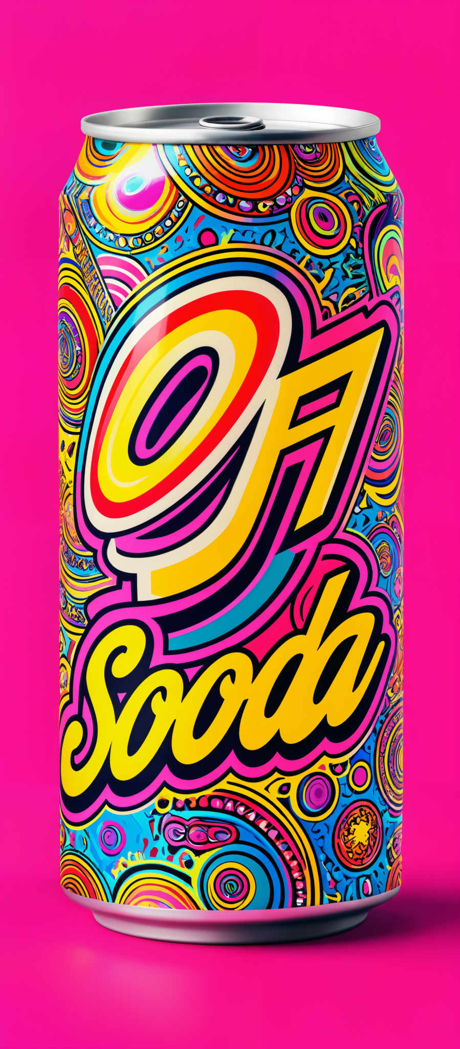 The image showcases a vibrant and colorful soda can. The predominant colors are bright pink, yellow, blue, and orange. The can features a swirling, psychedelic design with intricate patterns and shapes. The word 'Soda' is written in bold, yellow letters with a playful, curvy font. Above the word, there's a stylized design that resembles a swirl or a spiral, also in bright colors.