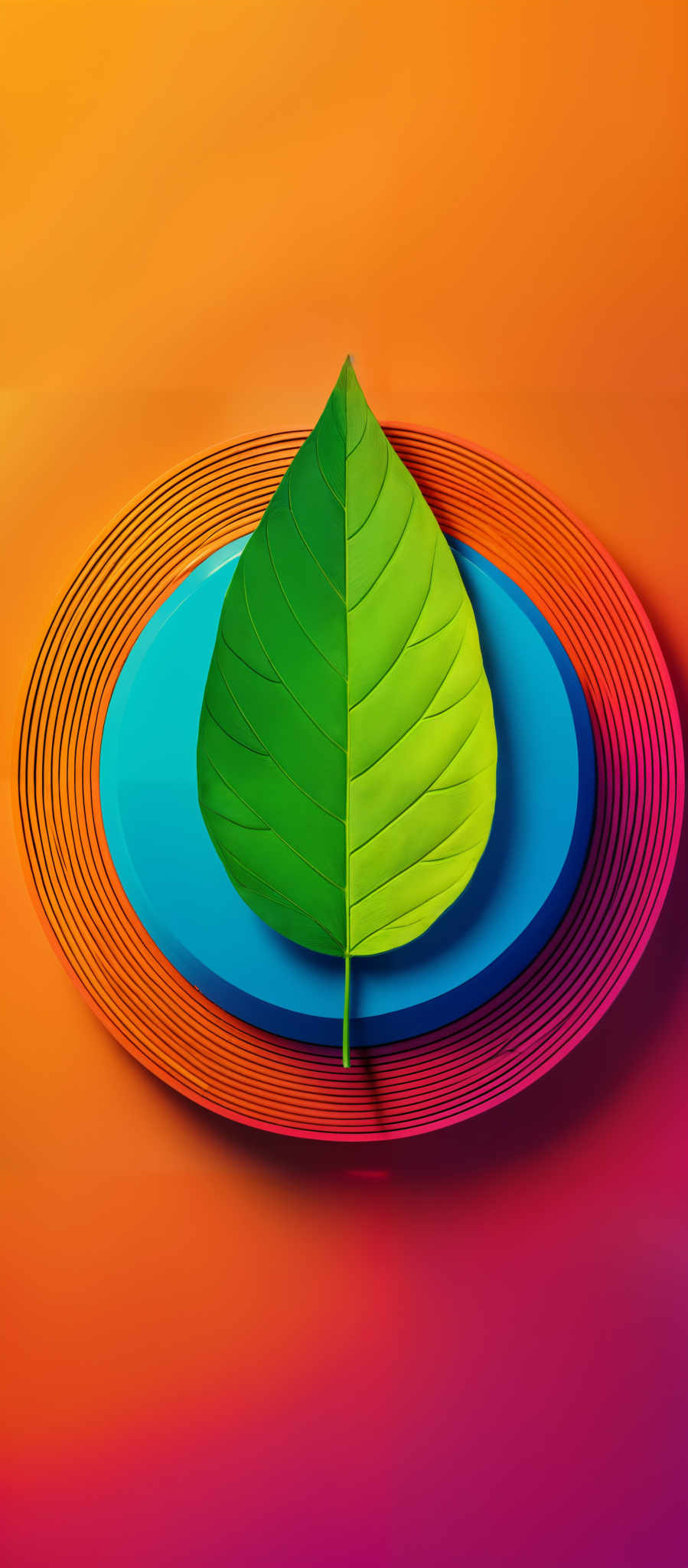 The image showcases a vibrant and colorful composition. Dominating the center is a large, green leaf with intricate vein details. The leaf is placed on a circular platform that has concentric layers of color, transitioning from a deep blue at the bottom to a bright orange at the top. Surrounding the leaf are concentric circles with alternating colors, creating a sense of depth and dimension. The background is a gradient of orange and pink, which complements the colors of the leaf and the platform.