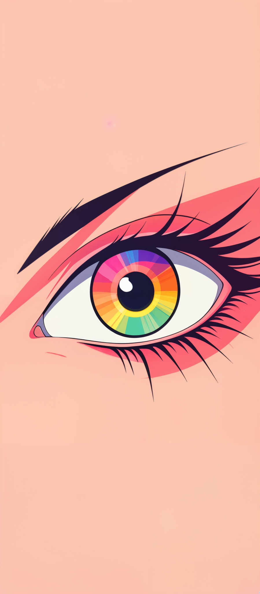 The image showcases a close-up of a human eye. The eye is depicted with vibrant colors, predominantly a spectrum of rainbow hues ranging from red to blue. The iris is multicolored, with each segment having its unique shade. The pupil is black, and the eyelashes are long and dark, extending outwards. The eyebrow is slightly raised, and there's a hint of pinkish skin around the eye.