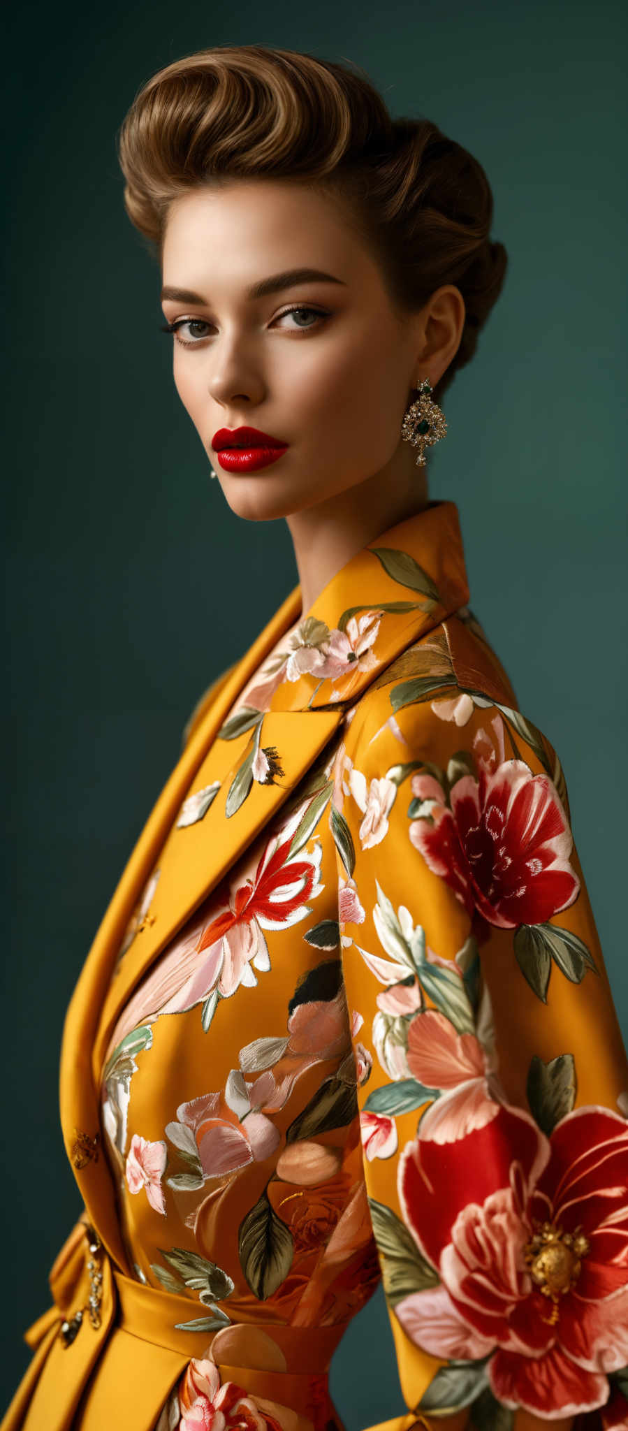 The image showcases a woman with a striking appearance. She has a fair complexion and her hair is styled in an elegant updo. Her makeup is bold, with a vibrant red lipstick and defined eyebrows. She is wearing a vivid yellow dress adorned with large, colorful floral patterns. The flowers are in various shades of red, pink, green, and white, and they appear to be set against a yellow background. The dress has a structured design with buttons and a belt. She also has on a pair of ornate earrings that match her outfit.