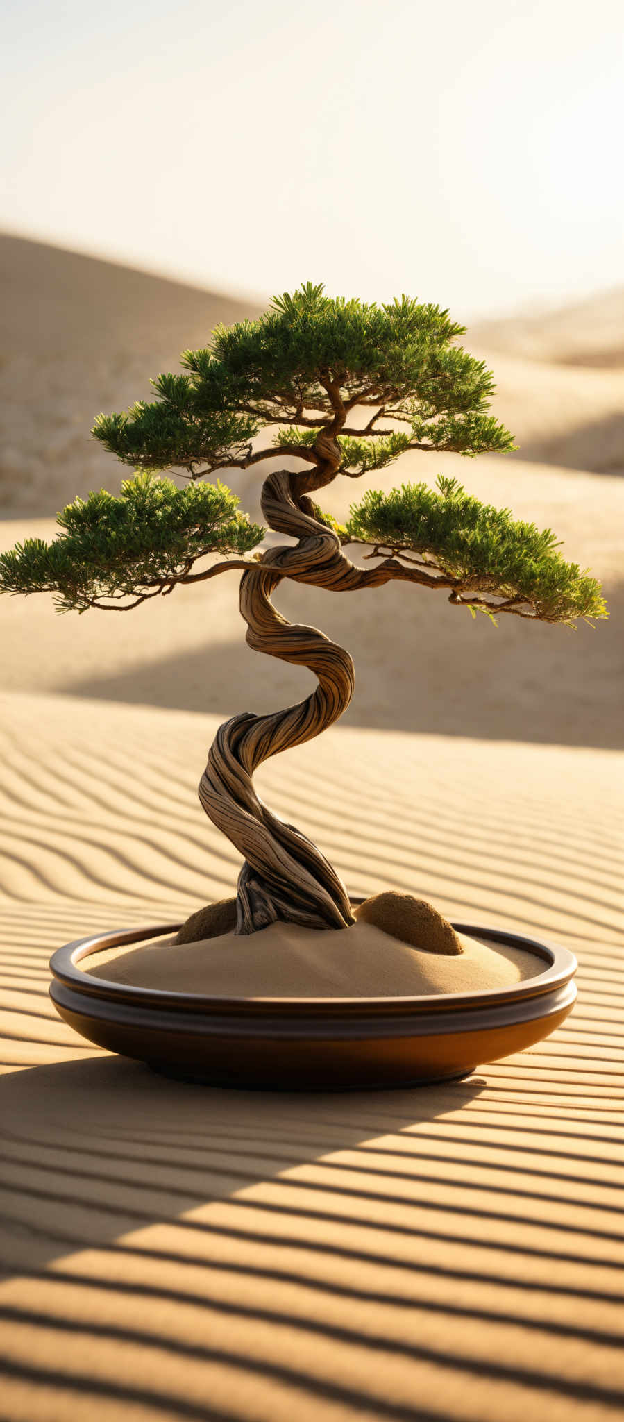 The image showcases a serene landscape with a large bonsai tree prominently displayed in the foreground. The tree has a twisted, gnarled trunk and branches, and its foliage is a vibrant green. It is planted in a circular tray filled with fine, golden sand. The background reveals vast sand dunes stretching into the horizon, bathed in the warm glow of the setting or rising sun. The sky is clear, and the overall color palette is dominated by earthy tones of beige, brown, and green.