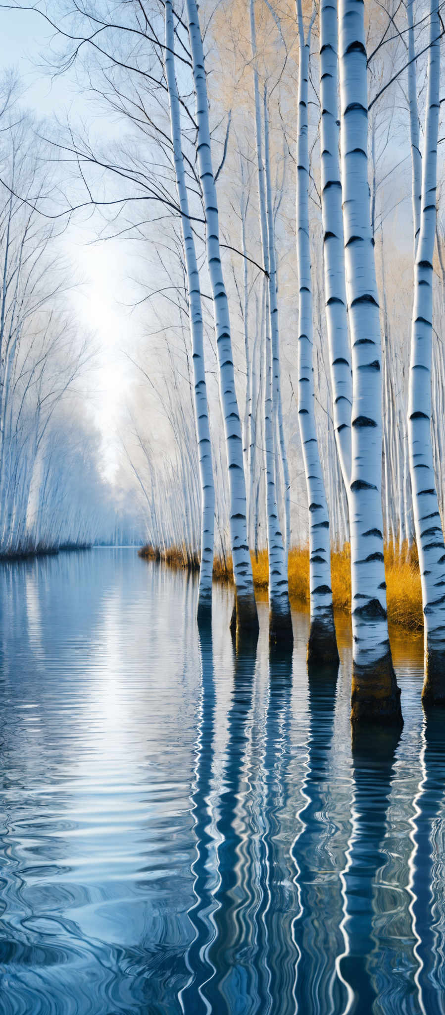 The image showcases a serene landscape with tall, slender birch trees standing in the water. The trees have distinctive white bark with black markings. The water reflects the trees and the sky, creating a mirror-like effect. The sky is painted in soft hues of blue, and the trees' reflection in the calm water adds depth and tranquility to the scene.