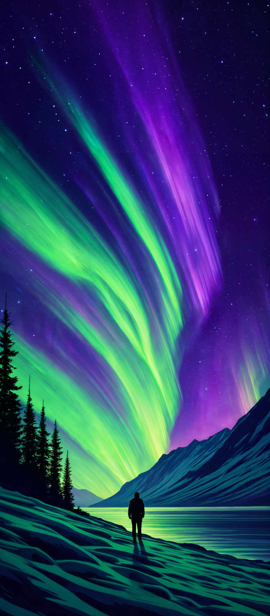 The image showcases a vibrant display of the Northern Lights, also known as the Aurora Borealis. These lights are characterized by swirling patterns of green, purple, and blue hues. The shape of the lights is reminiscent of curtains or waves, cascading across the night sky. Below the sky, there's a serene landscape with a silhouette of a person standing on a snowy terrain, possibly observing the spectacle. The person is dwarfed by the vastness of the scene, emphasizing the grandeur of the natural phenomenon. The landscape also features tall pine trees on the left and a mountain range on the right. The entire scene is set against a backdrop of a starry night sky, adding to the ethereal beauty of the image, which is credited to 'Jenny